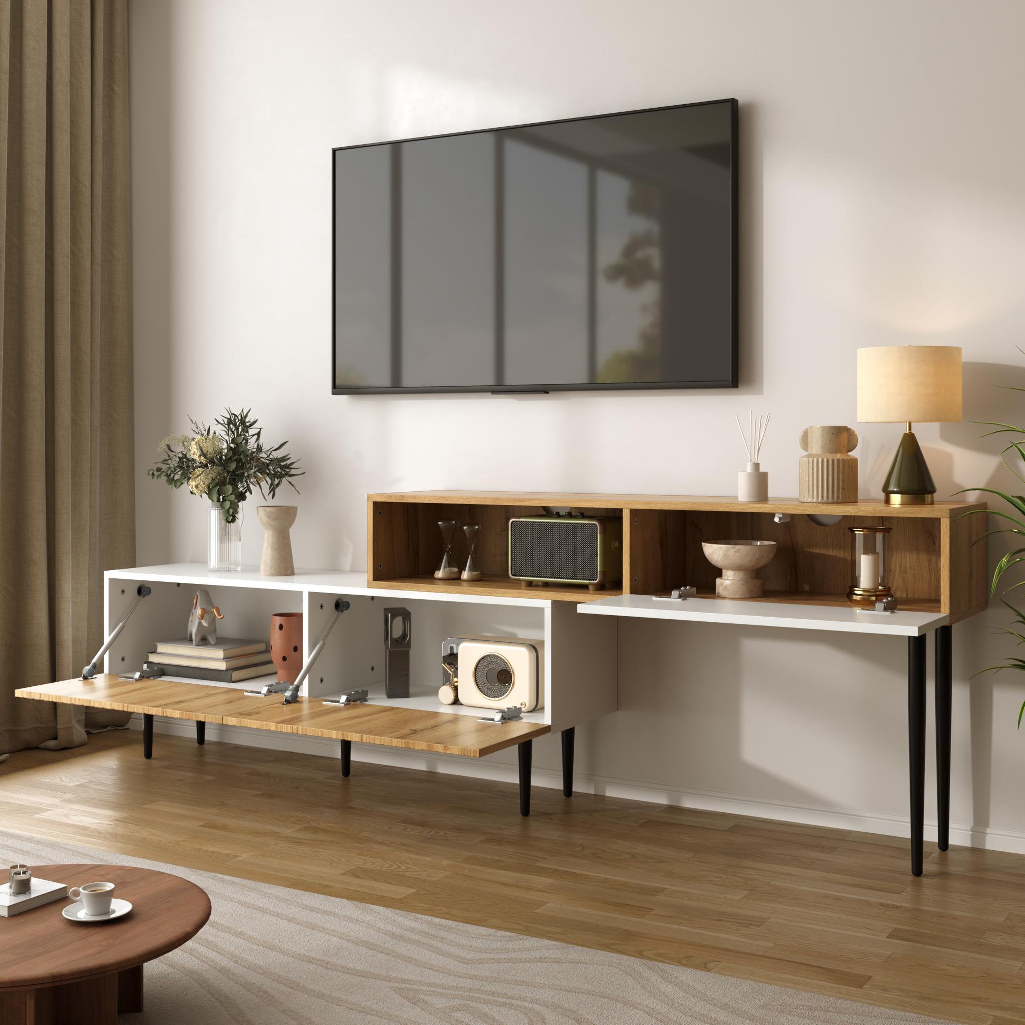 Voir la diapositive 5 : MERAX Meuble tv naturel+blanc 130 cm mdf