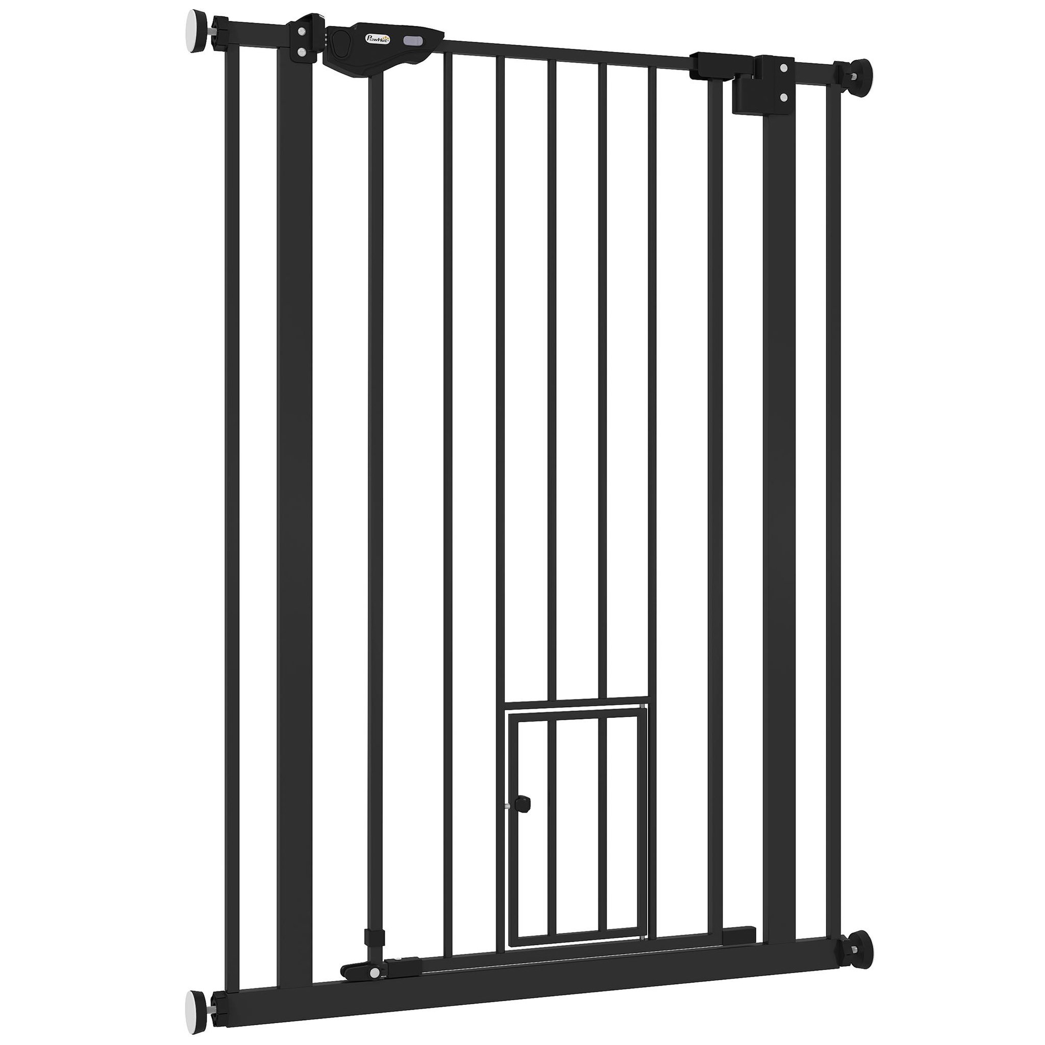 PAWHUT Barrière de sécurité animaux - longueur réglable dim. 74-80 cm - porte double verrouillage, ouverture double sens, petite porte -sans perçage - acier plastique noir