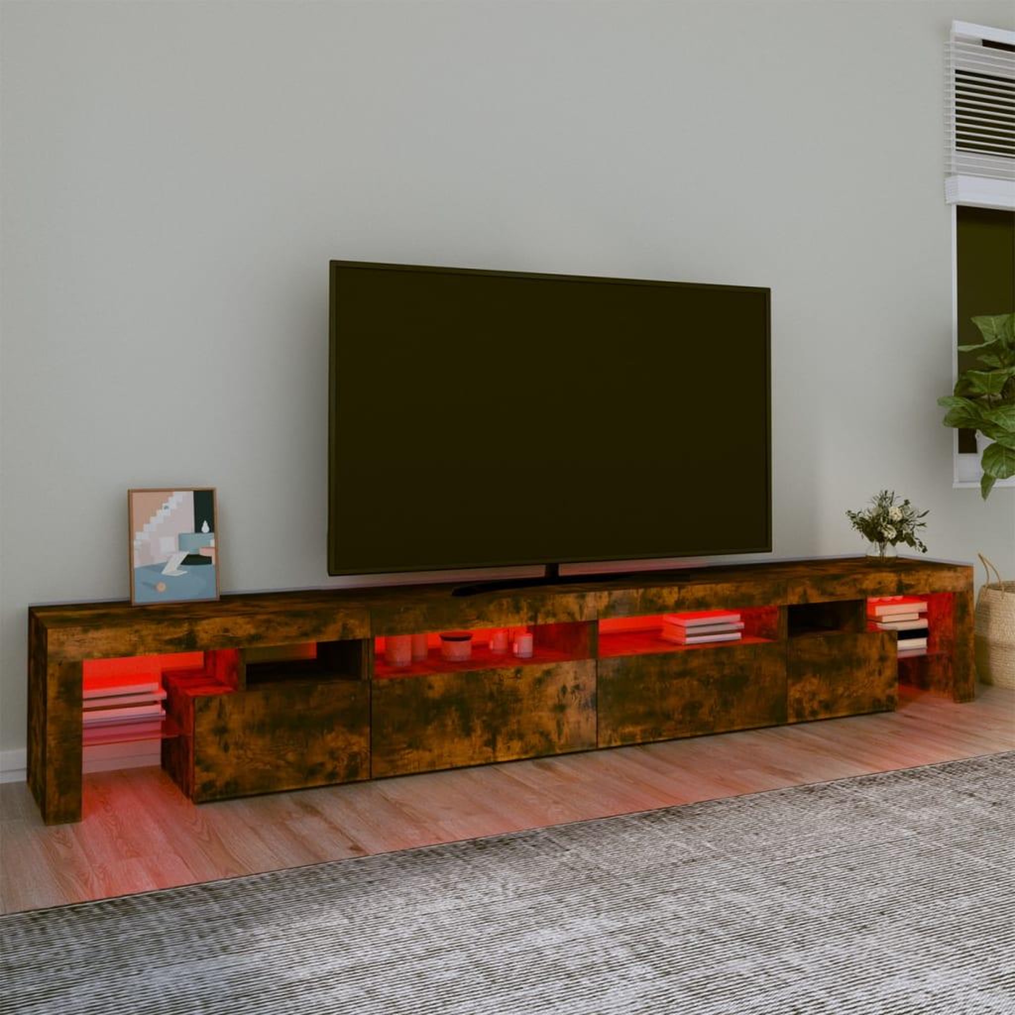 Voir la diapositive 5 : VIDAXL Meuble TV avec lumieres LED Chene fume 260x36,5x40 cm