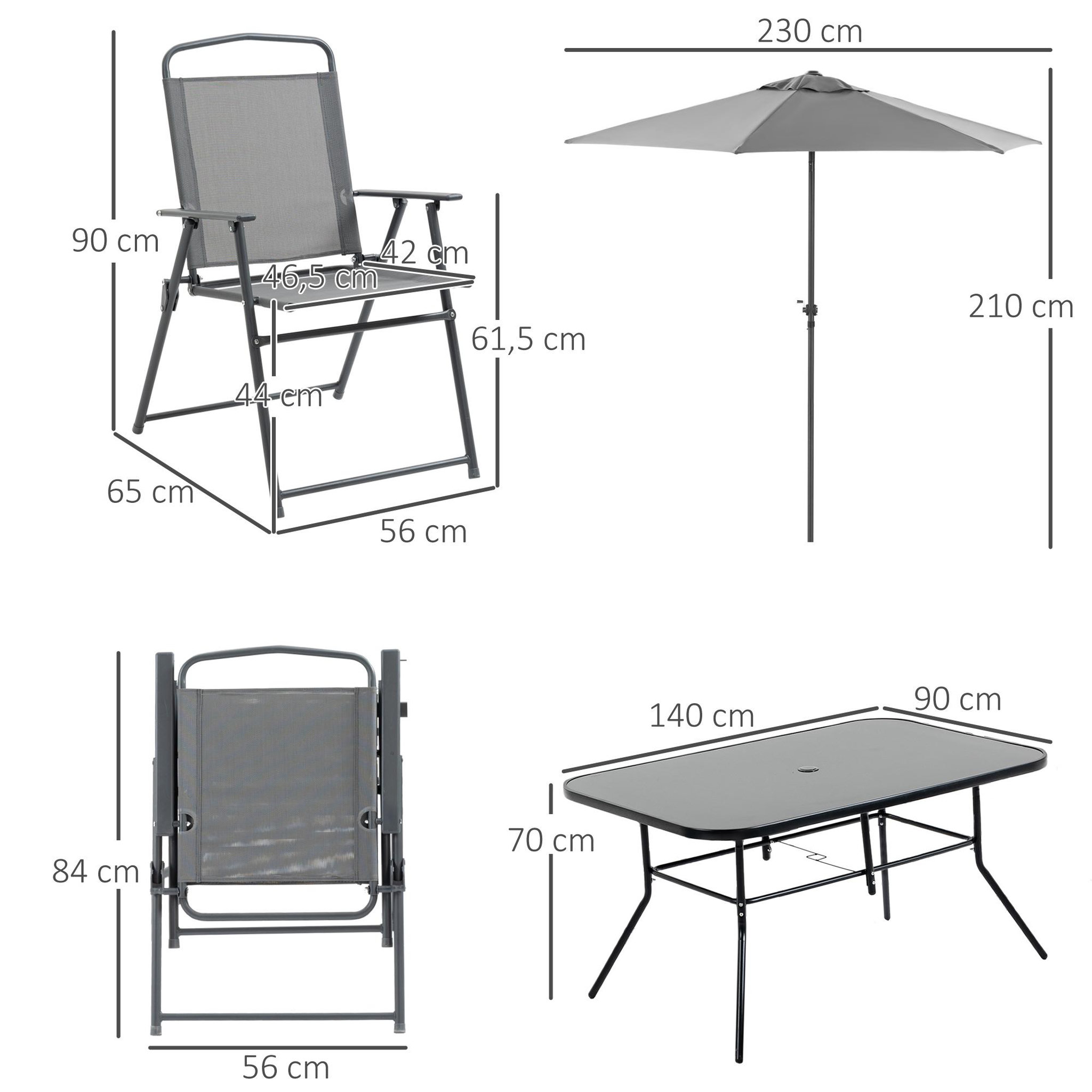 Voir la diapositive 3 : OUTSUNNY Ensemble salon de jardin 6 places 8 pièces - parasol, table, 6 chaises pliantes - métal époxy textilène polyester gris