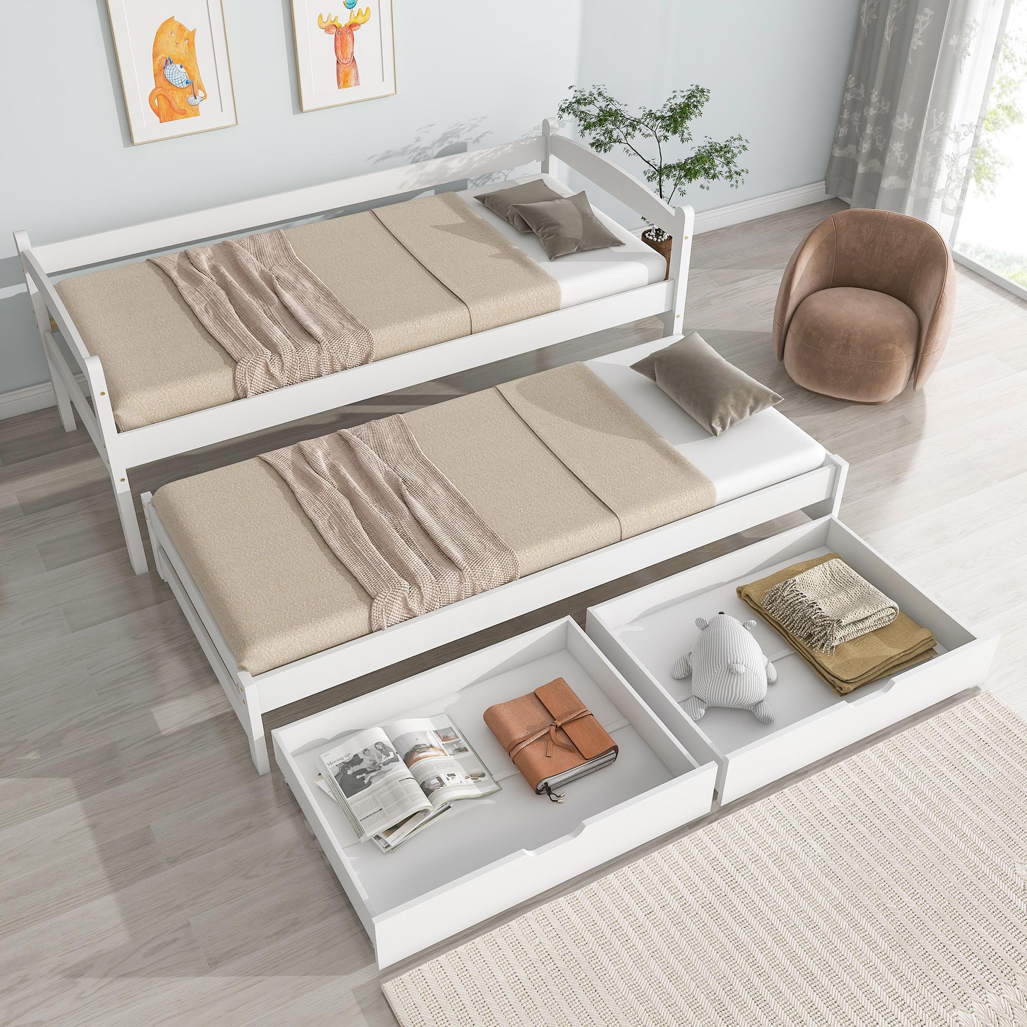 Voir la diapositive 5 : MERAX Lit gigogne 90x200(90x190)cm bois coloris blanc