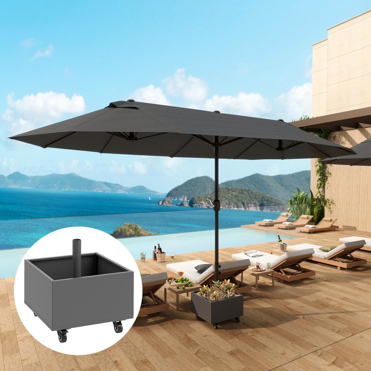 OUTSUNNY Pied de parasol carré jardinière 2 en 1 - 4 roues 2 freins - 50 x 50 x 46 cm - métal galvanisé gris