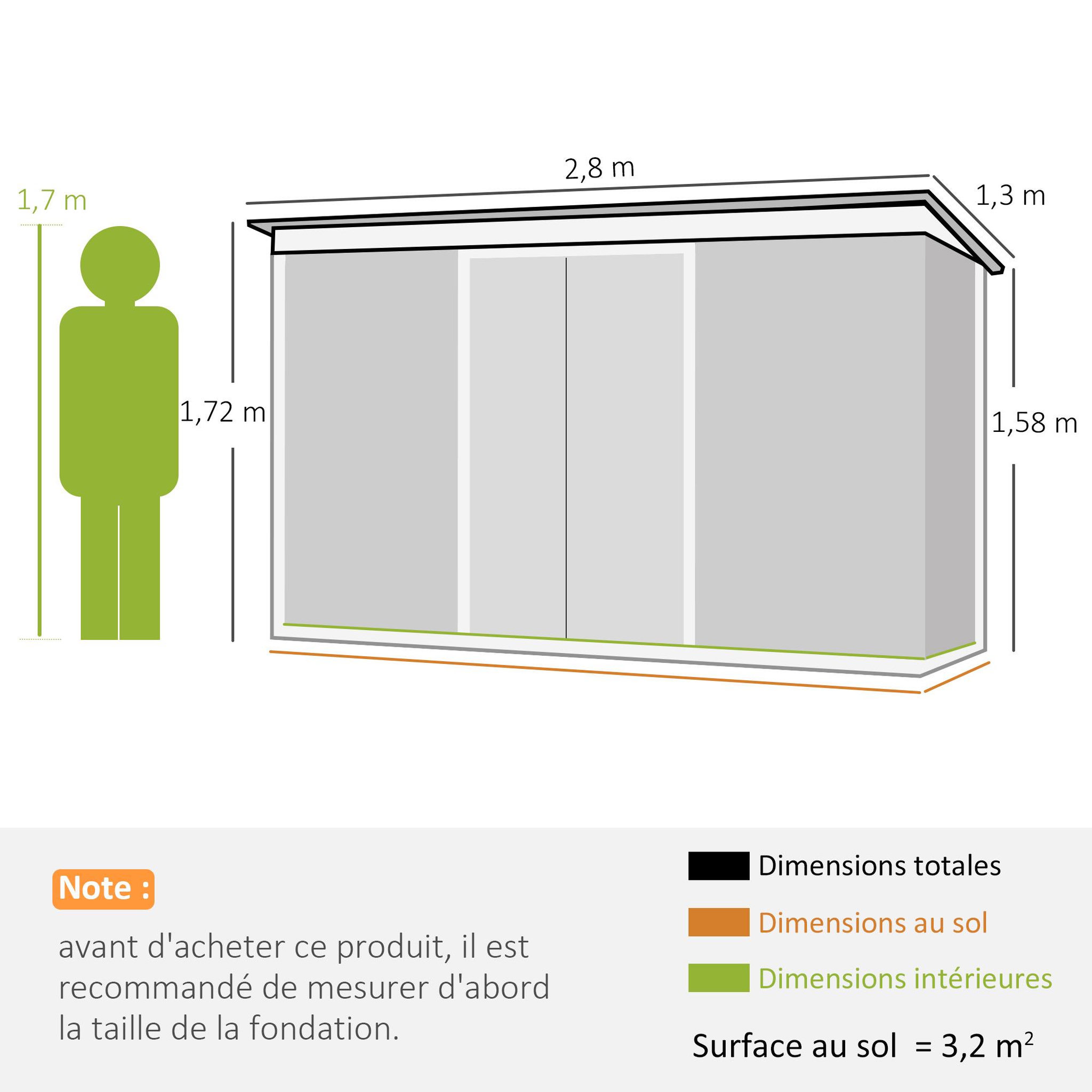Voir la diapositive 3 : OUTSUNNY Abri de jardin - remise pour outils - cabanon portes verrouillables - dim. 2,8L x 1,3l x 1,72H m - tôle d'acier gris vert