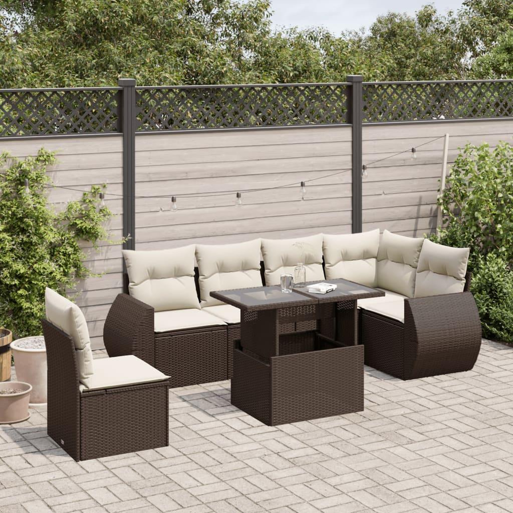 VIDAXL Salon de jardin avec coussins 7 pcs marron resine tressee