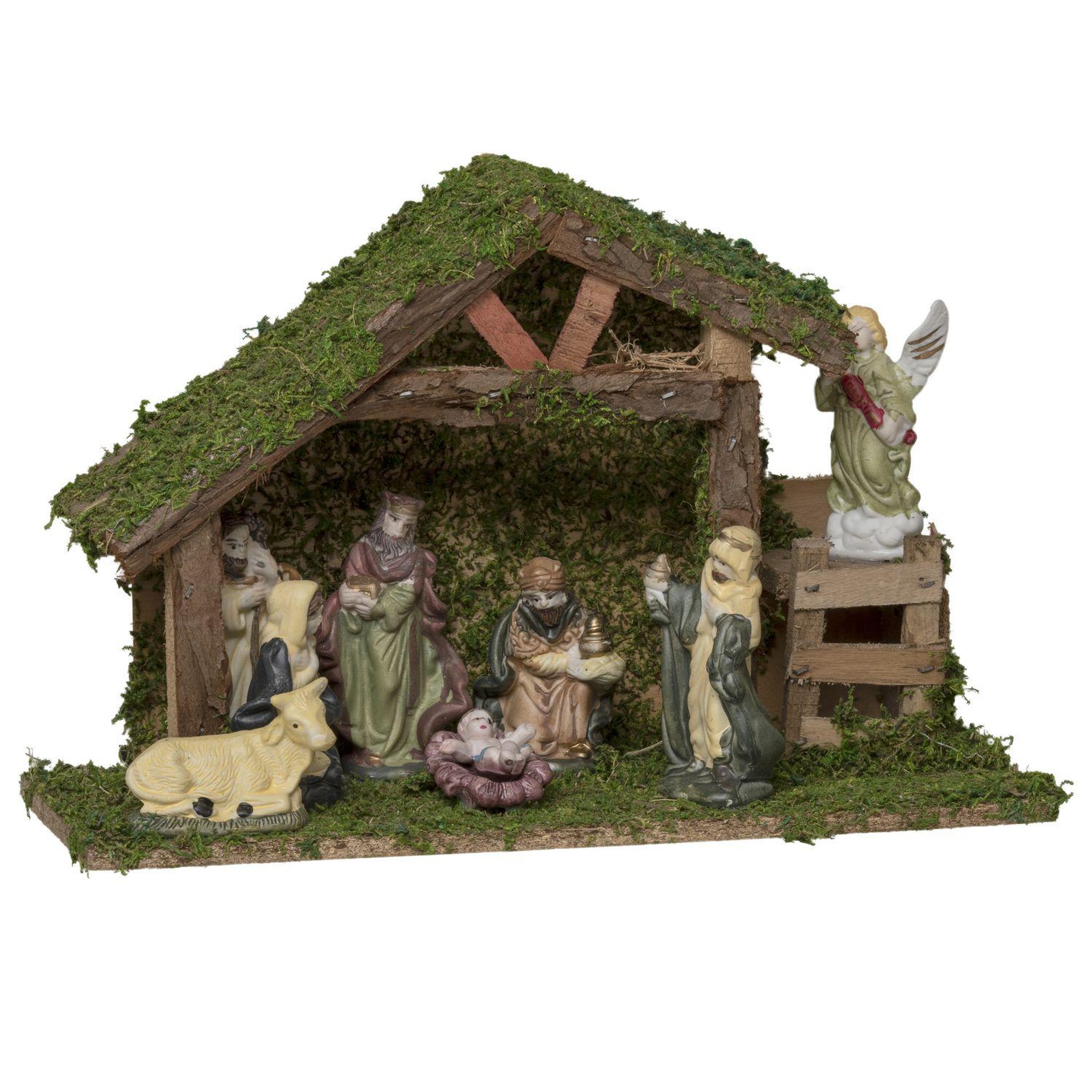 Voir la diapositive 1 : FEERIC LIGHT & CHRISTMAS Crèche de Noël en bois et ses 8 santons en porcelaine