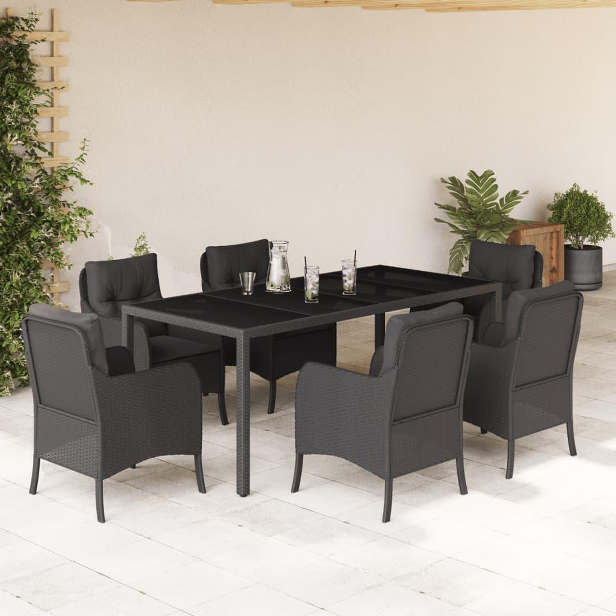 VIDAXL Ensemble a manger de jardin coussins 7pcs Noir Resine tressee