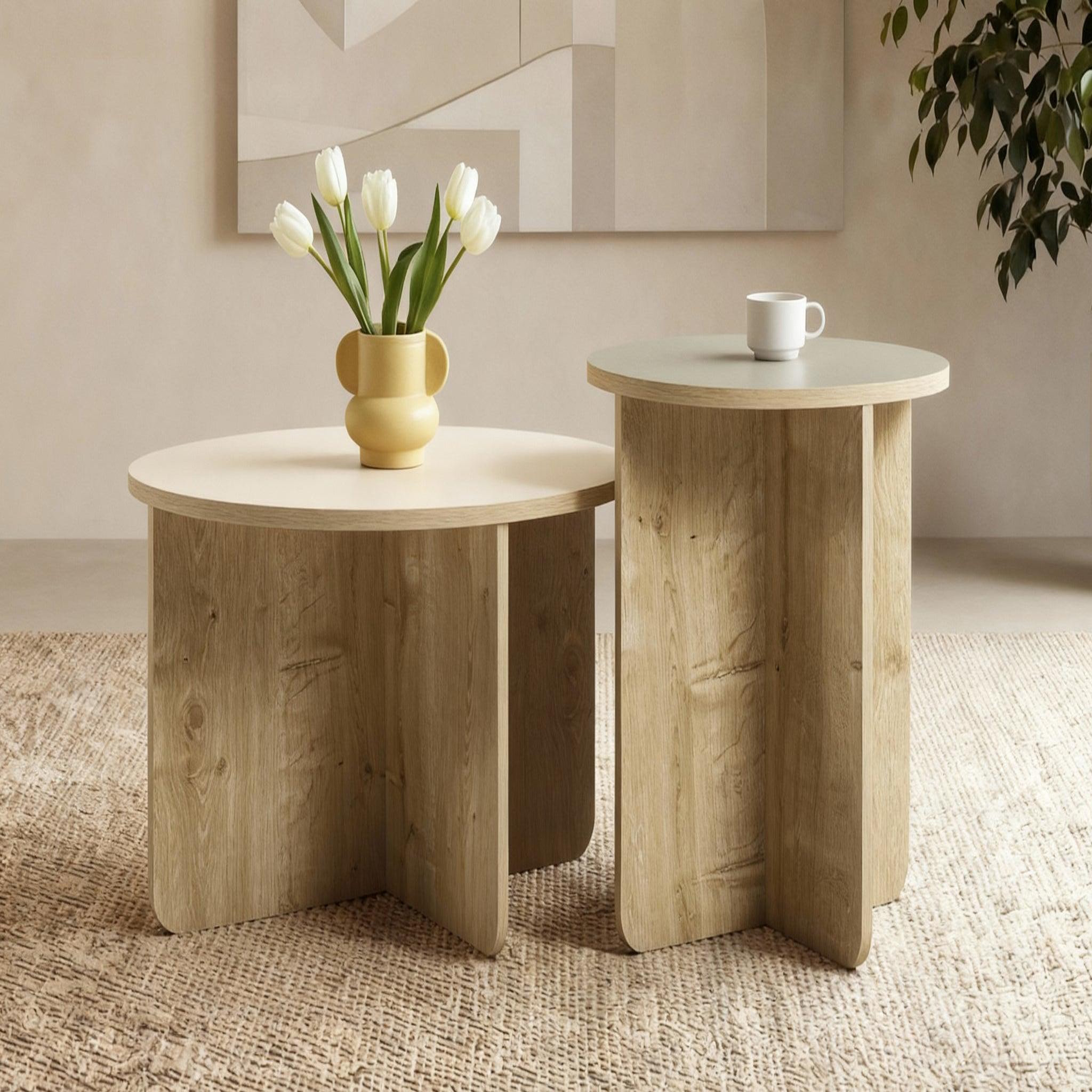 Voir la diapositive 2 : CASANOVA PARIS Duo aria - ensemble de 2 tables basses rondes 50 et 70cmpieds en mélamine - chêne clair