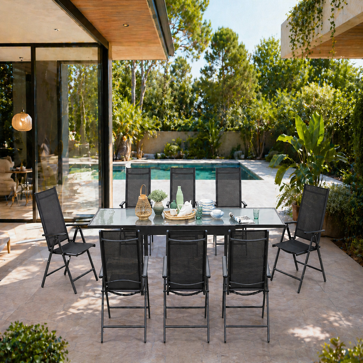 CONCEPT USINE Table de jardin extensible et 8 fauteuils en alu et toile PVC BRESCIA