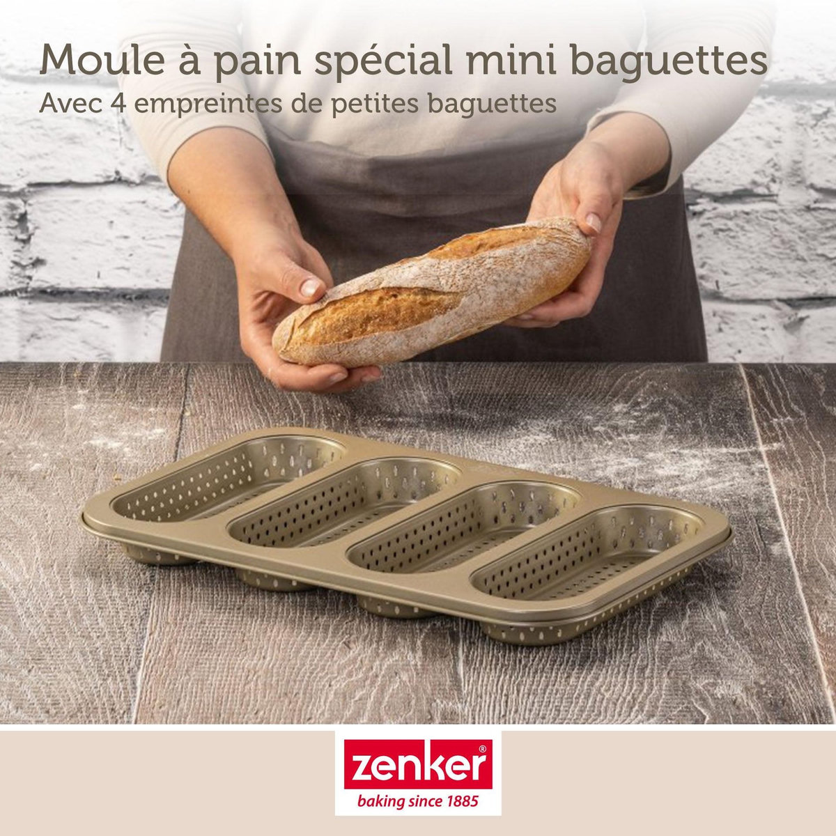 ZENKER Set pâtisserie avec moule perforé 4 mini baguettes 33 x 22 cm en acier, 2 bols à mixer, verre mesureur et spatule Zenker