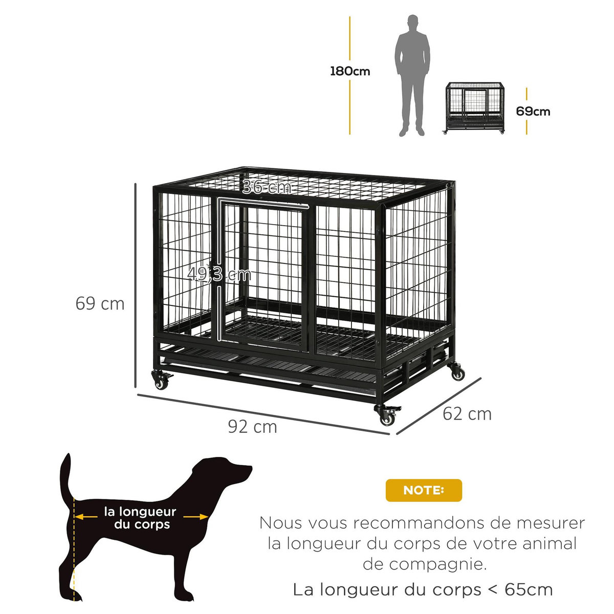 PAWHUT Cage pour chien animaux cage de transport sur roulettes 2 portes noir