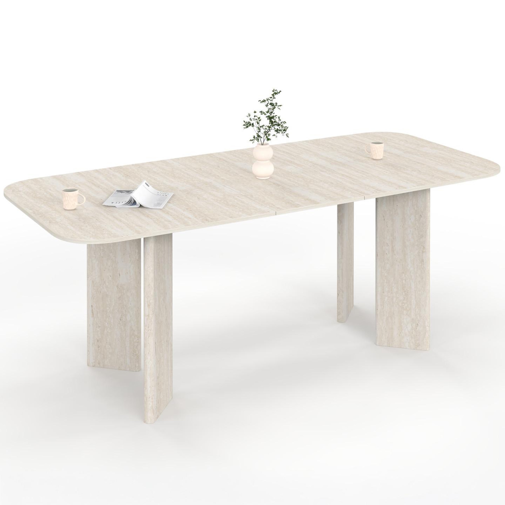 ID MARKET Table à manger extensible rectangulaire arrondie capucine 6-10 personnes 4 pieds design arrondi façon travertin 160-200 cm