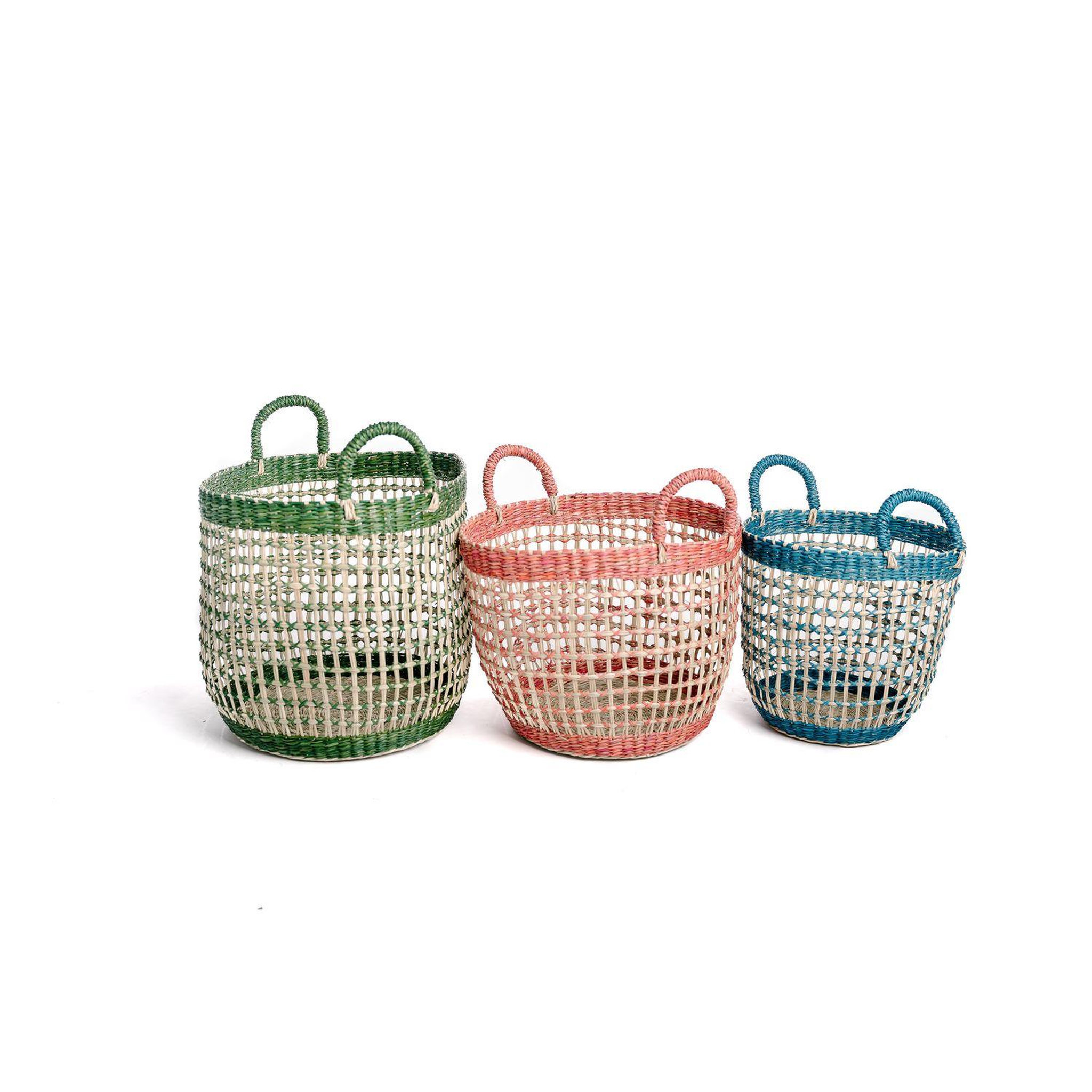 Voir la diapositive 5 : KB8 Lot de 3 paniers colorés en jonc de mer - vert, rouge et bleu