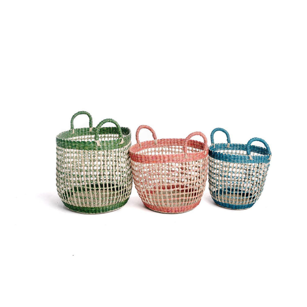 KB8 Lot de 3 paniers colorés en jonc de mer - Vert, Rouge et Bleu