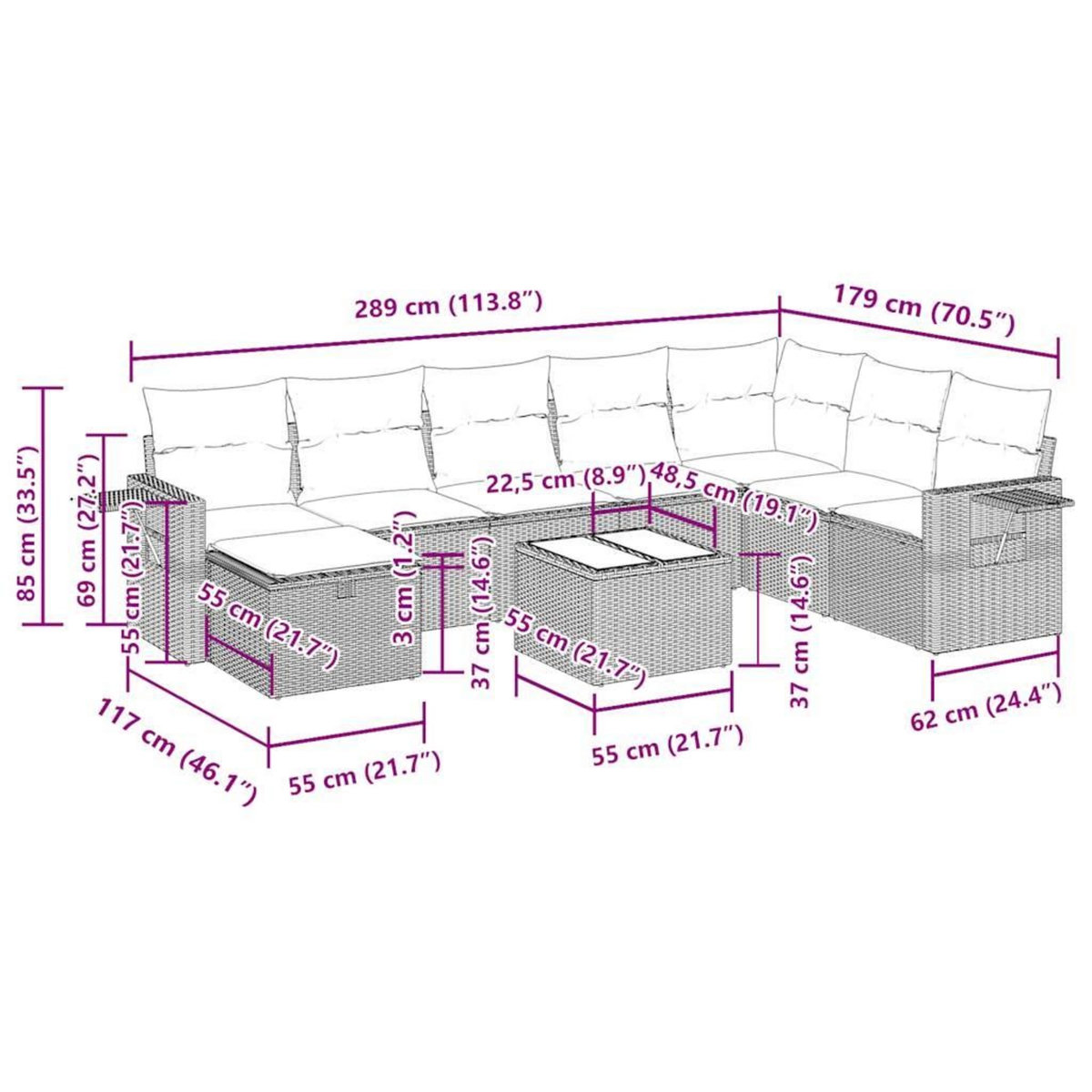 VIDAXL Salon de jardin 9 pcs avec coussins noir resine tressee