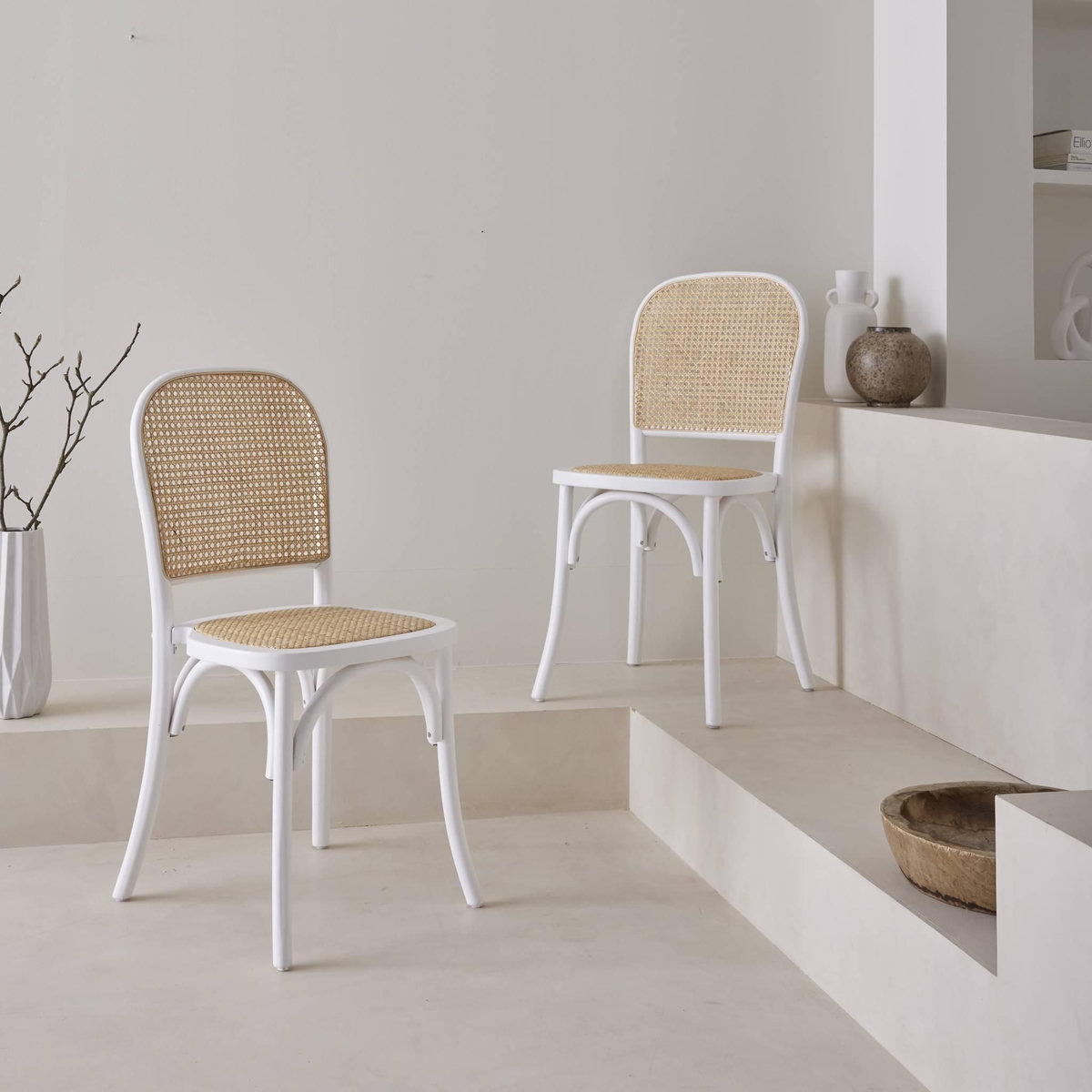 SWEEEK Lot de deux chaises vintage blanches en bois avec assise et dossier en rotin