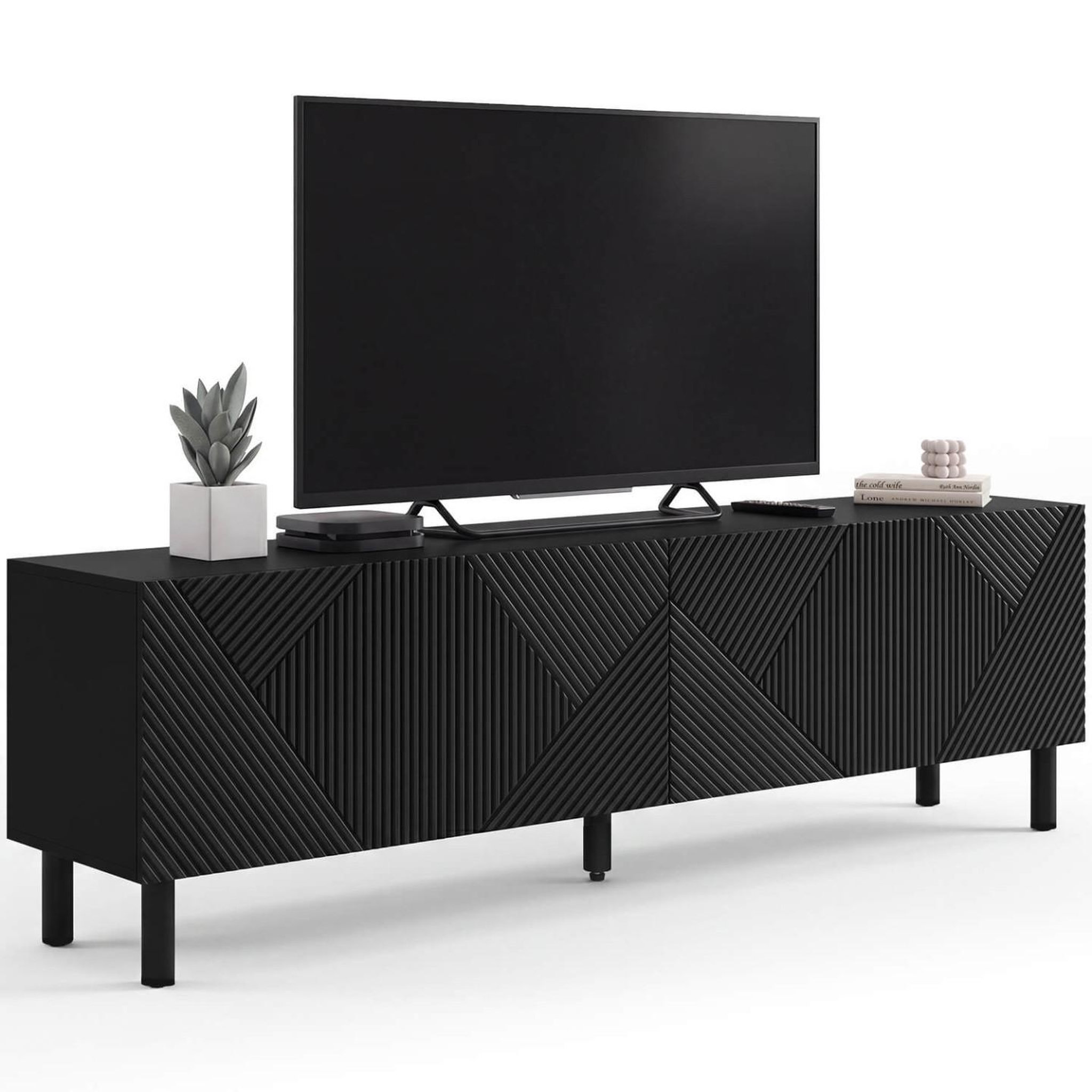 ID MARKET Meuble tv 180 cm himara 2 portes lattes géométriques bois noir