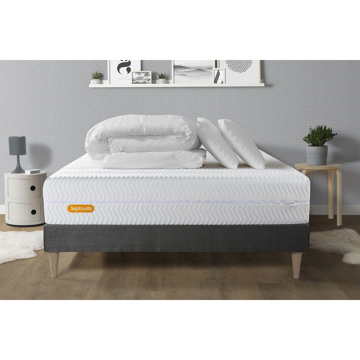 SEPTNUITS PACK Matelas + sommier kit gris Memo Bio Mousse à mémoire de forme Maxi épaisseur + Couette + 2 oreillers