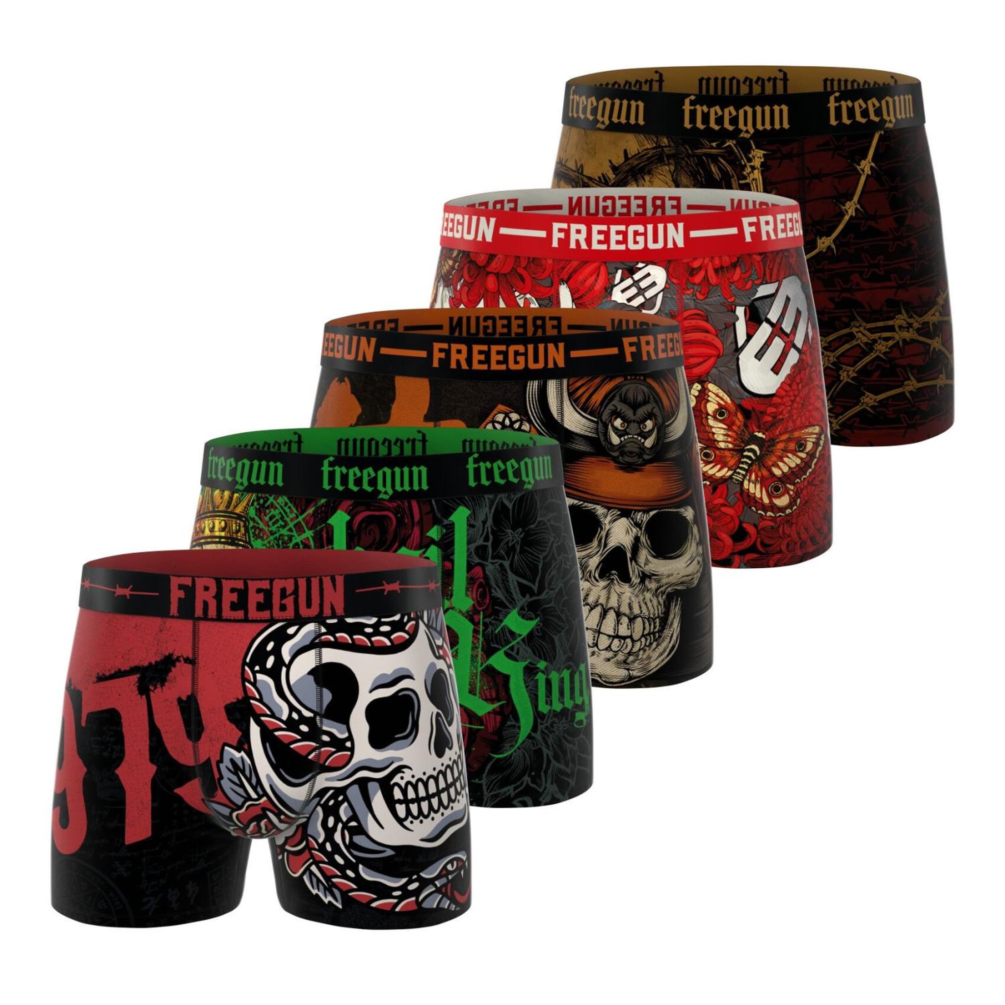 FREEGUN Lot de 5 boxers homme collection rock that. Coloris disponibles : Rouge