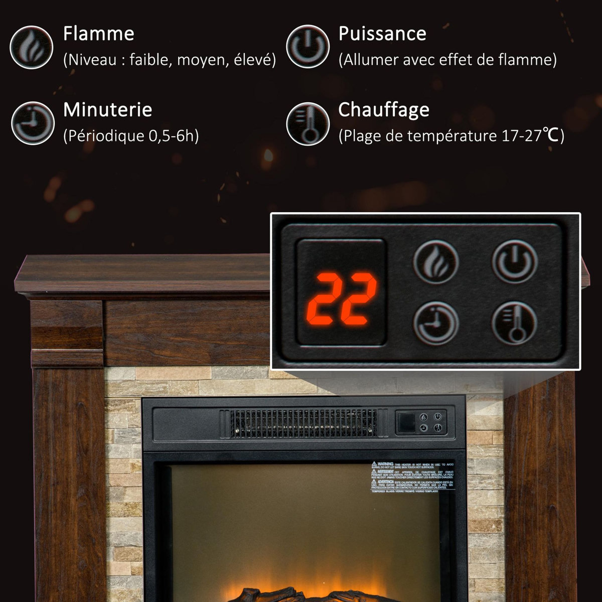 HOMCOM Cheminée électrique 1800W design ranch effet bois foncé et pierre parement télécommande