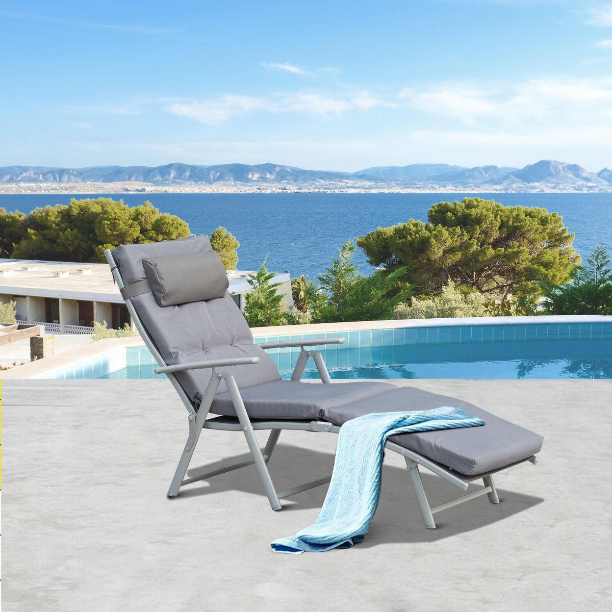OUTSUNNY Bain de soleil pliable transat inclinable 7 positions chaise longue grand confort avec matelas + accoudoirs métal époxy textilène polyester gris