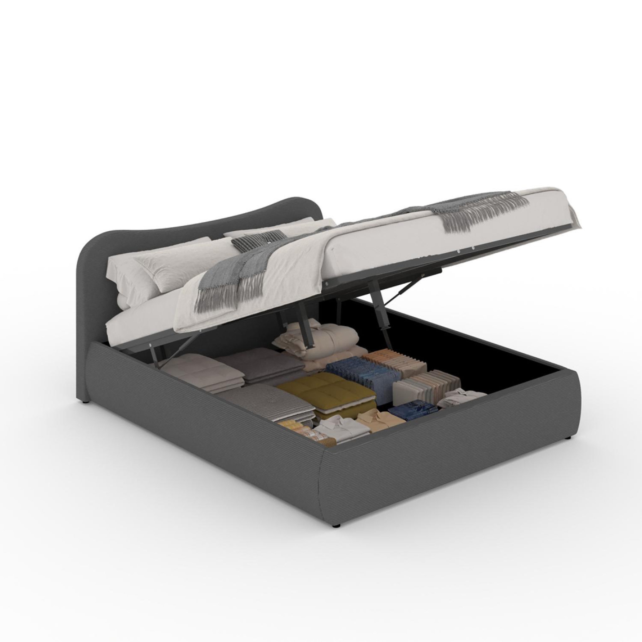 CONCEPT USINE Lit coffre 160x200cm design arrondi velours côtelé gris plano
