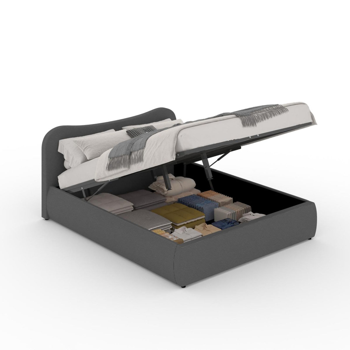 CONCEPT USINE Lit coffre 160x200cm design arrondi velours côtelé gris PLANO