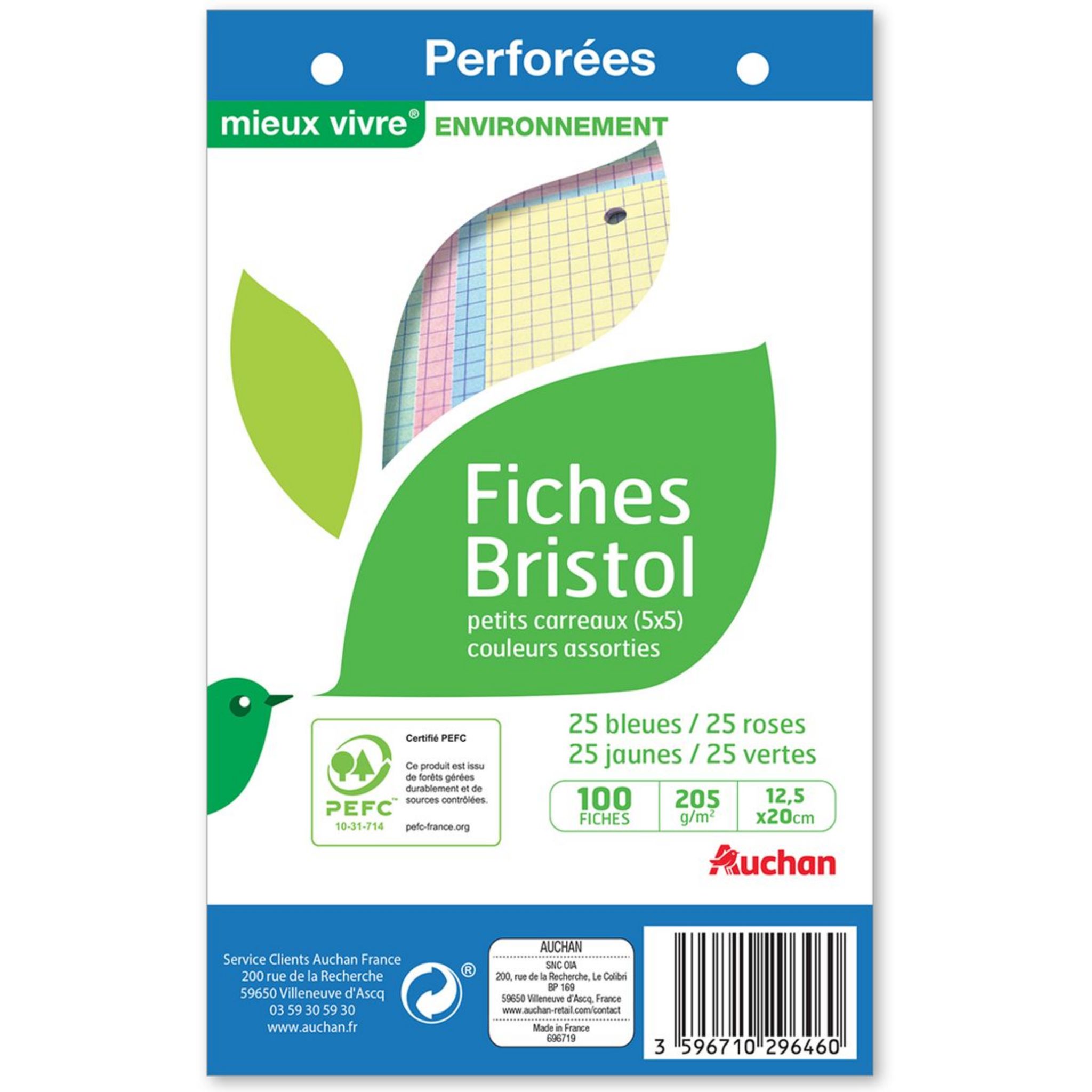 AUCHAN Lot de 100 fiches bristol 12.5x20cm petits carreaux 5x5 perforées couleurs assorties