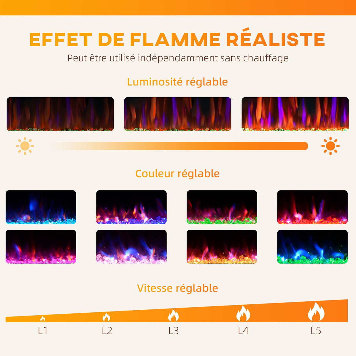 HOMCOM Cheminée électrique murale/encastrable 900/1800W effet flamme et cristal réglable télécommande