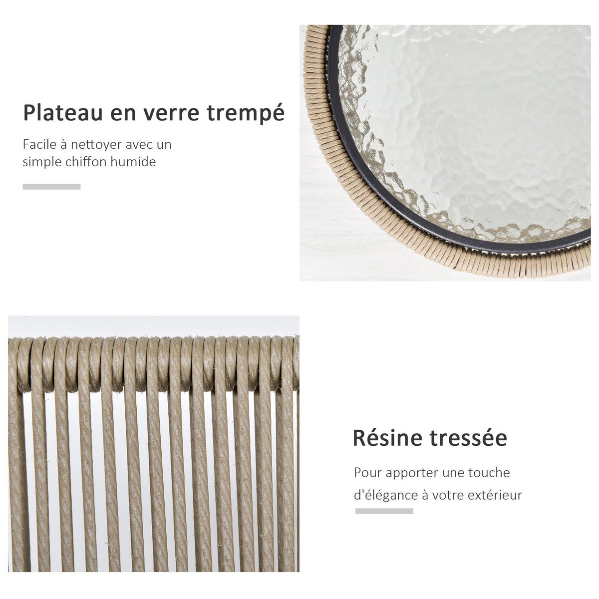 OUTSUNNY Ensemble salon de jardin 3 pièces style colonial 2 fauteuils avec coussins gris + table basse résine filaire beige