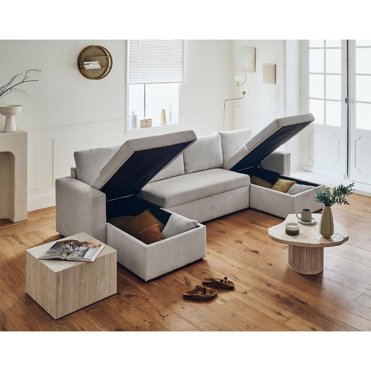 BEST MOBILIER Cyrus - canapé panoramique en u - 7 places - convertible avec coffre - en velours côtelé