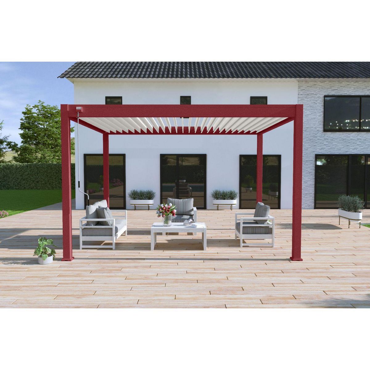 Pergola Bioclimatique autoportée 3x4 m - Aluminium - Rouge basque/blanc -  VS OmBREA®