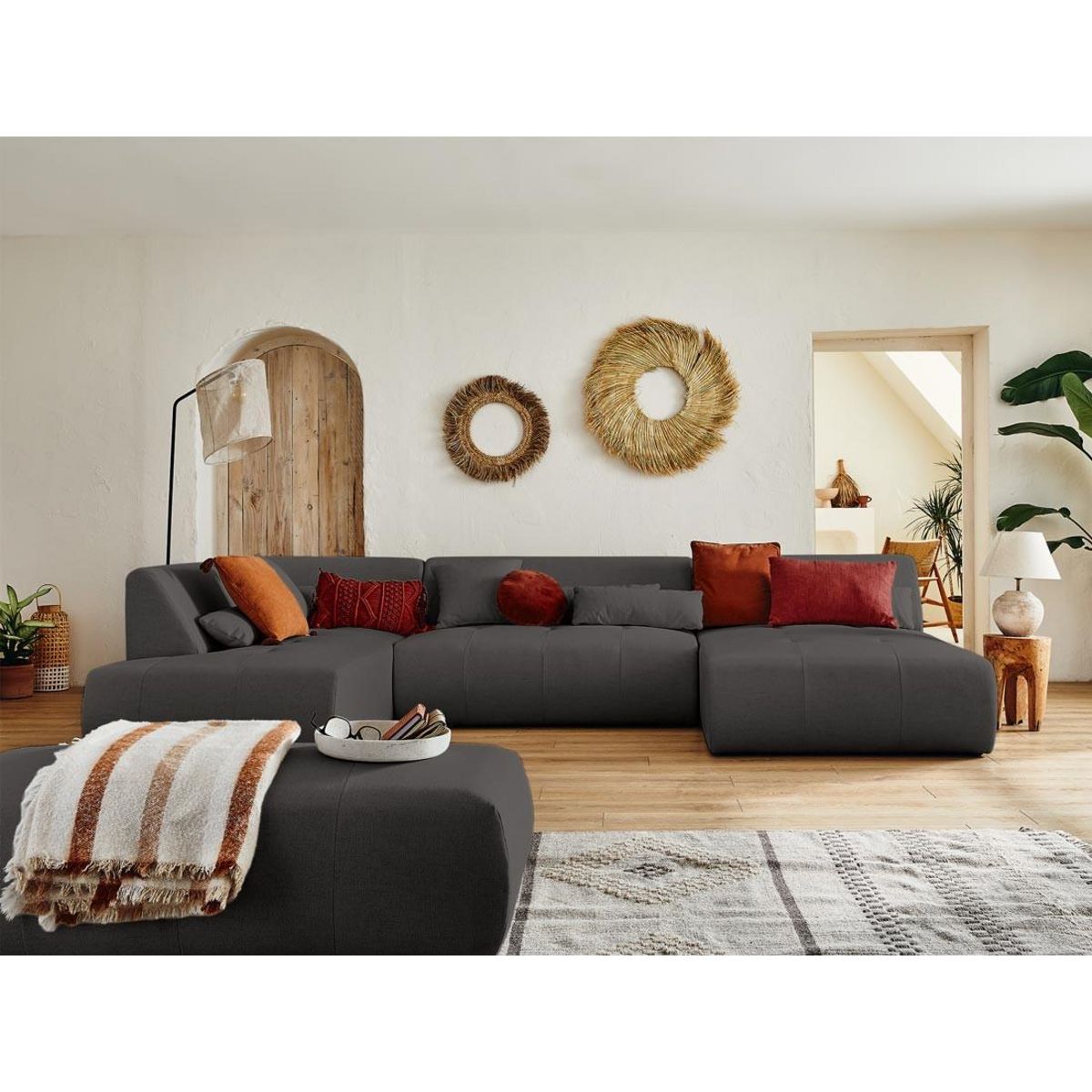 LISA DESIGN Onyx - canapé panoramique d'angle gauche 7 places - en tissu