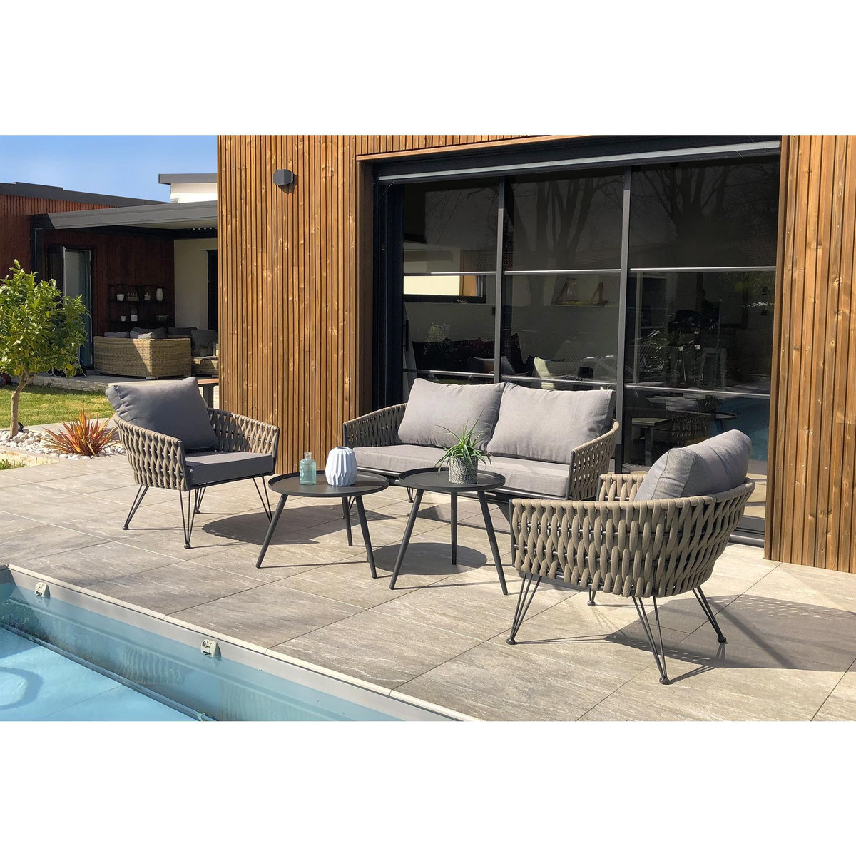 DCB GARDEN Salon bas de jardin en corde tissé taupe et anthracite  4 places CAPRI