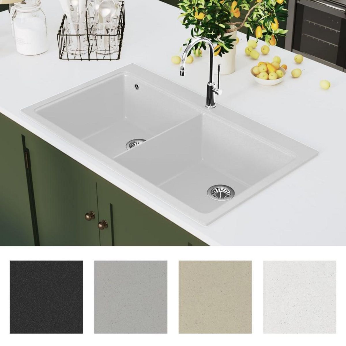 VIDAXL Evier de cuisine encastrable a 2 bacs en granite blanc creme