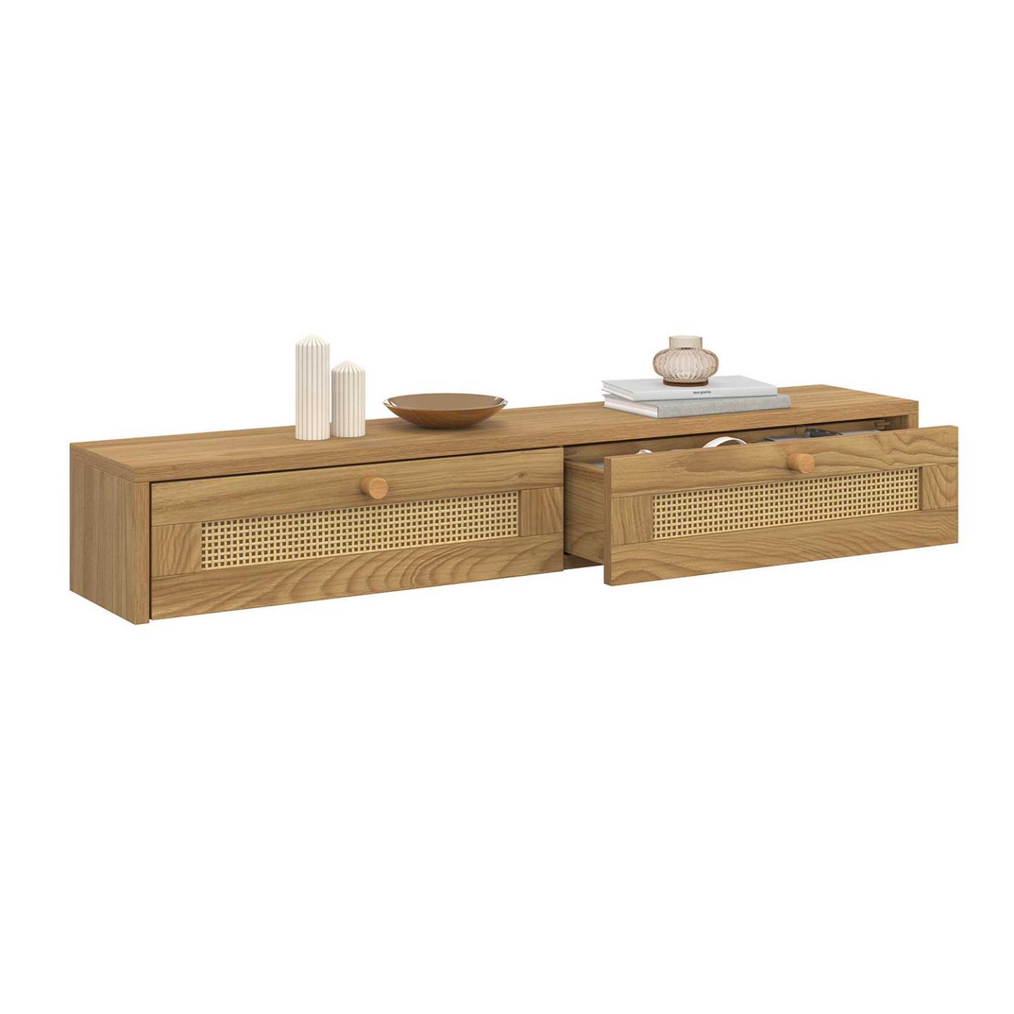 Voir la diapositive 4 : ID MARKET Etagère murale console d'entrée hanae 2 tiroirs effet naturel cannage