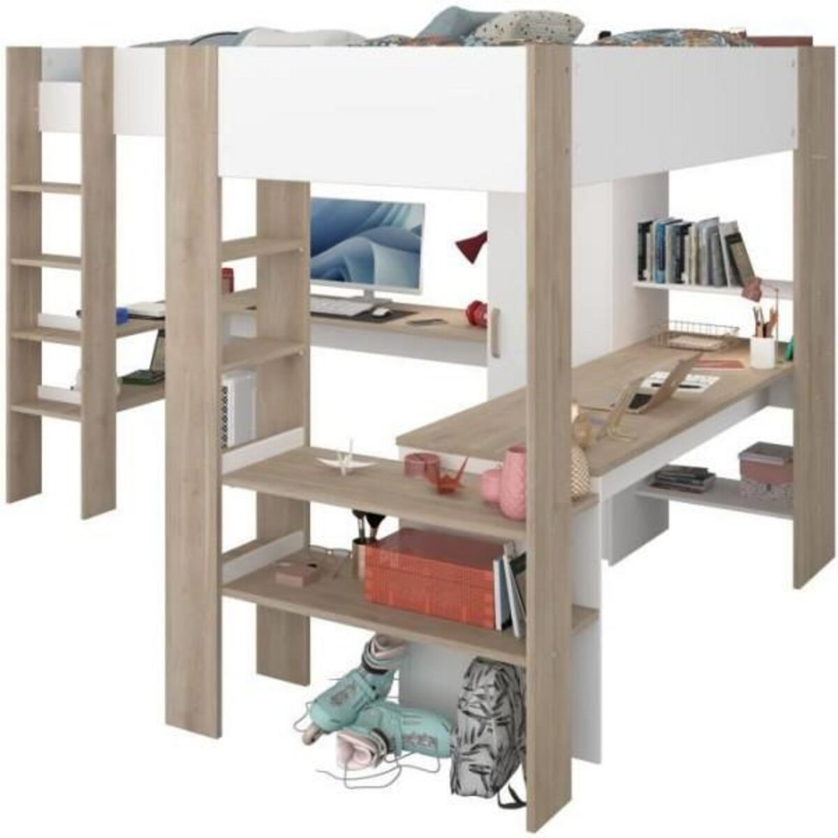 PARISOT Lit double mezzanine combiné enfant ALEXANDRA avec 2 bureaux et rangements - 2x90x200 cm - Blanc/Chene - Sommiers inclus - PARI