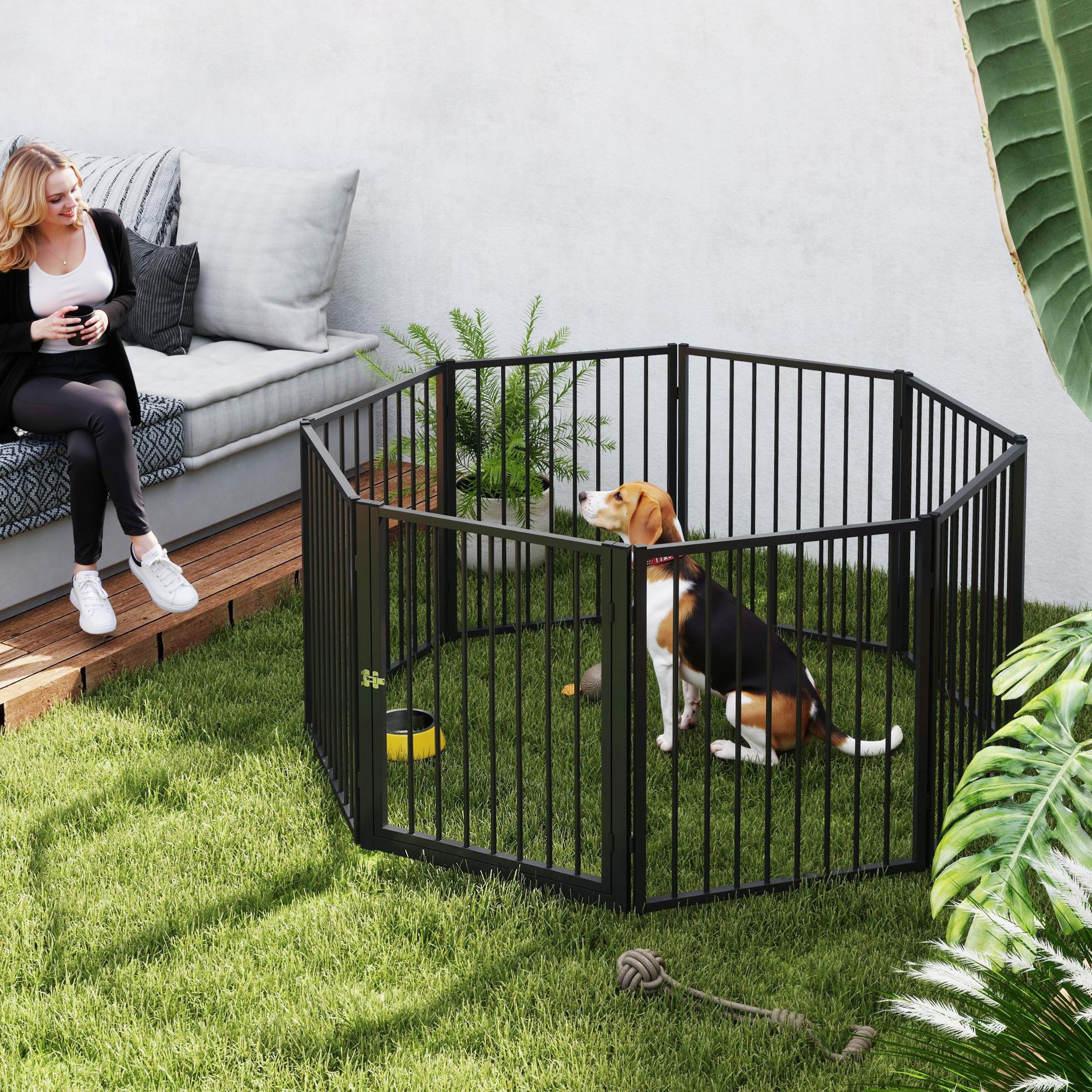 Voir la diapositive 2 : PAWHUT Parc enclos chien modulable pliable - porte verrouillable, 8 panneaux - acier noir
