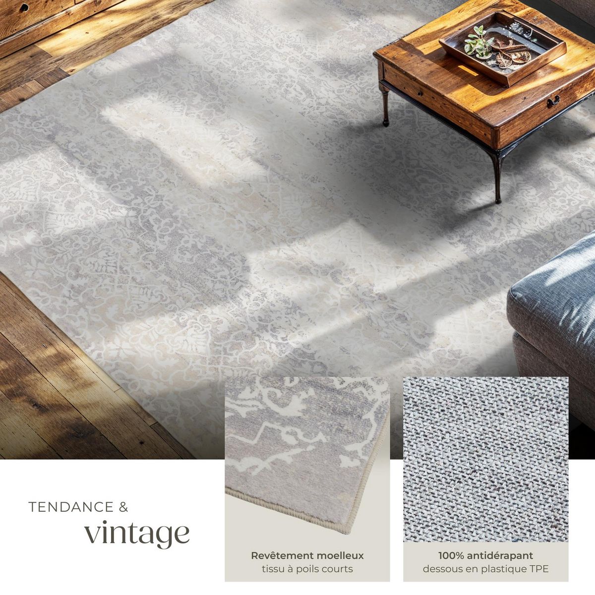 tectake Tapis design vintage à poils courts en laine synthétique et feutre beige 240 x 340 cm