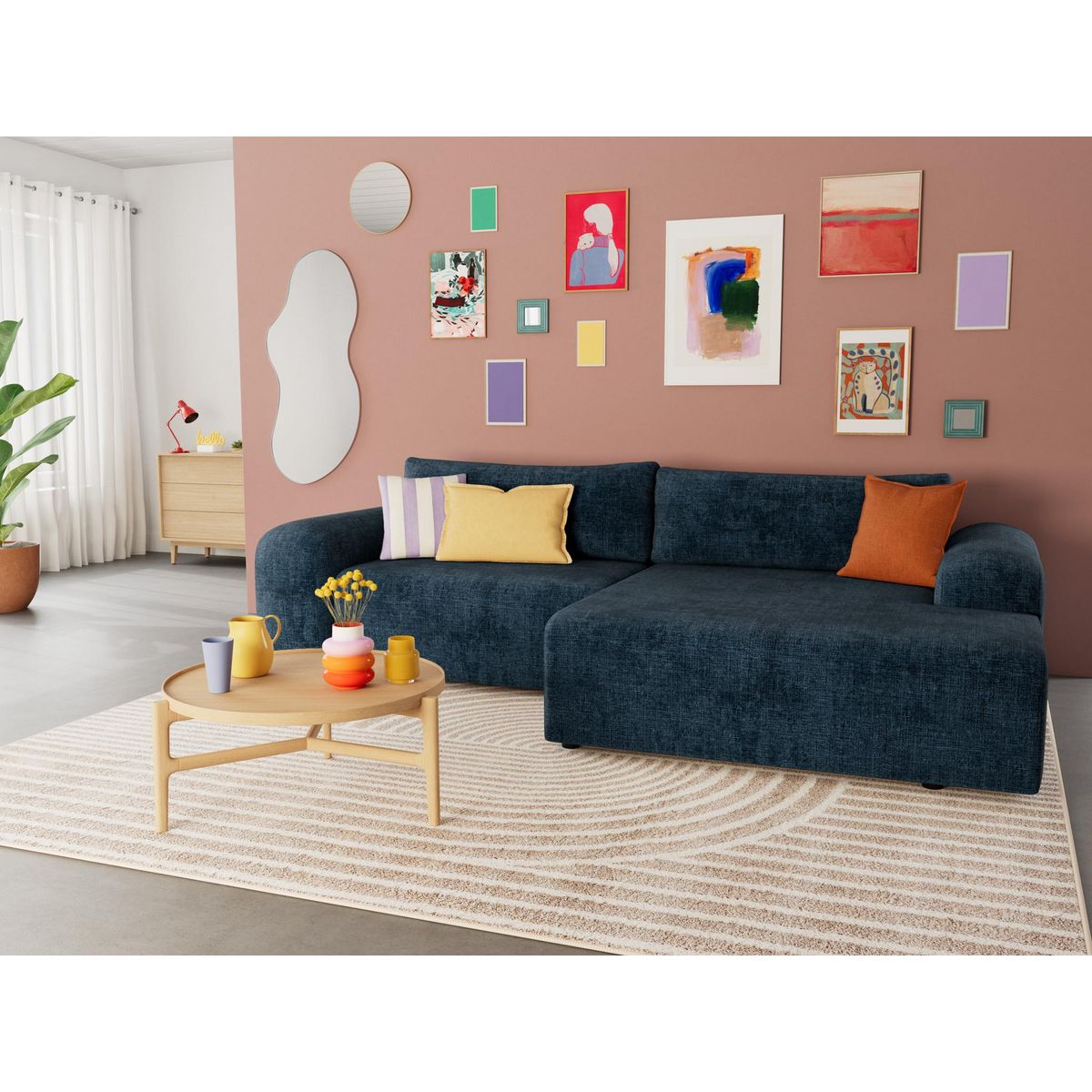 BEST MOBILIER Rebecca - canapé d'angle droit 4 places convertible avec coffre en velours texturé