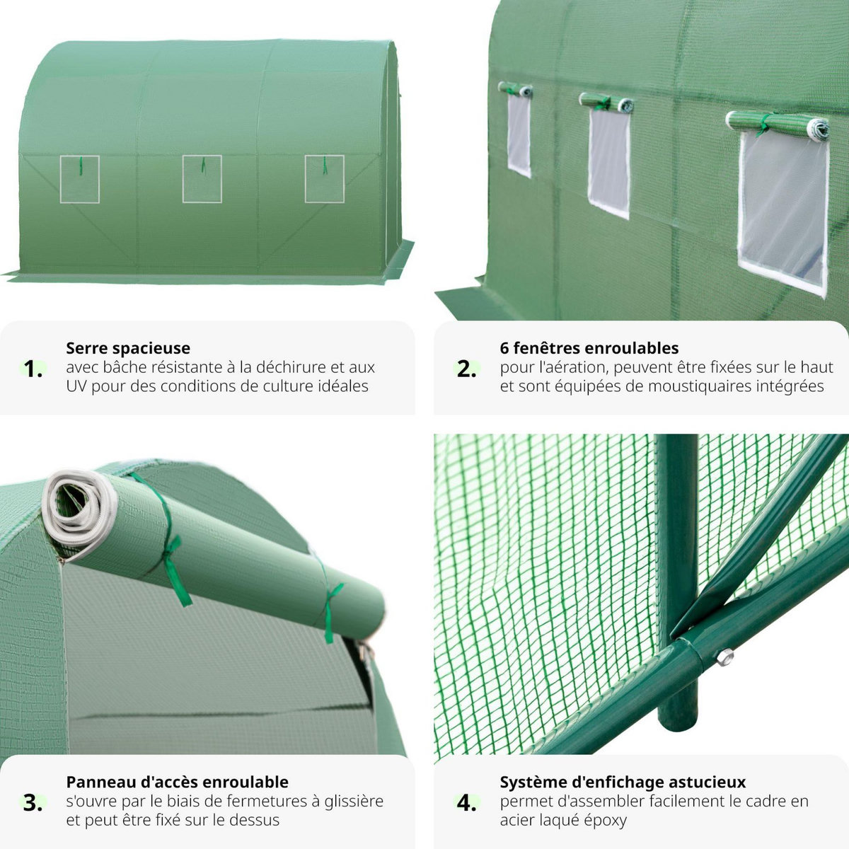 tectake Serre tunnel 11,4 m³ en forme de tunnel avec 6 fenêtres vert