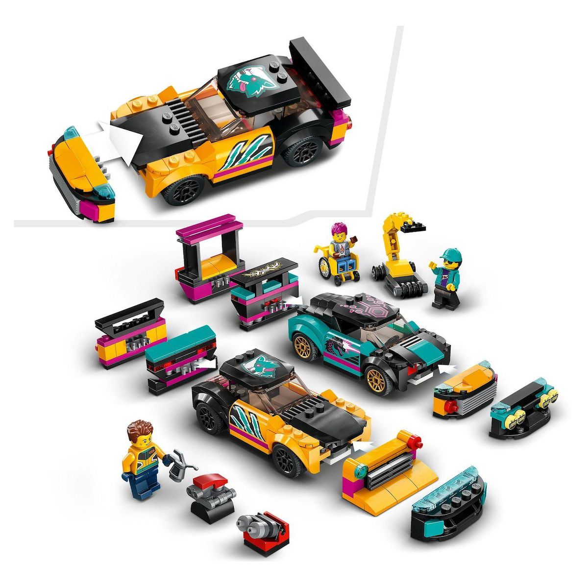LEGO City 60389 Le garage de customisation, Jouet avec 2 Voitures, Atelier Automobile et 4 Minifigurines