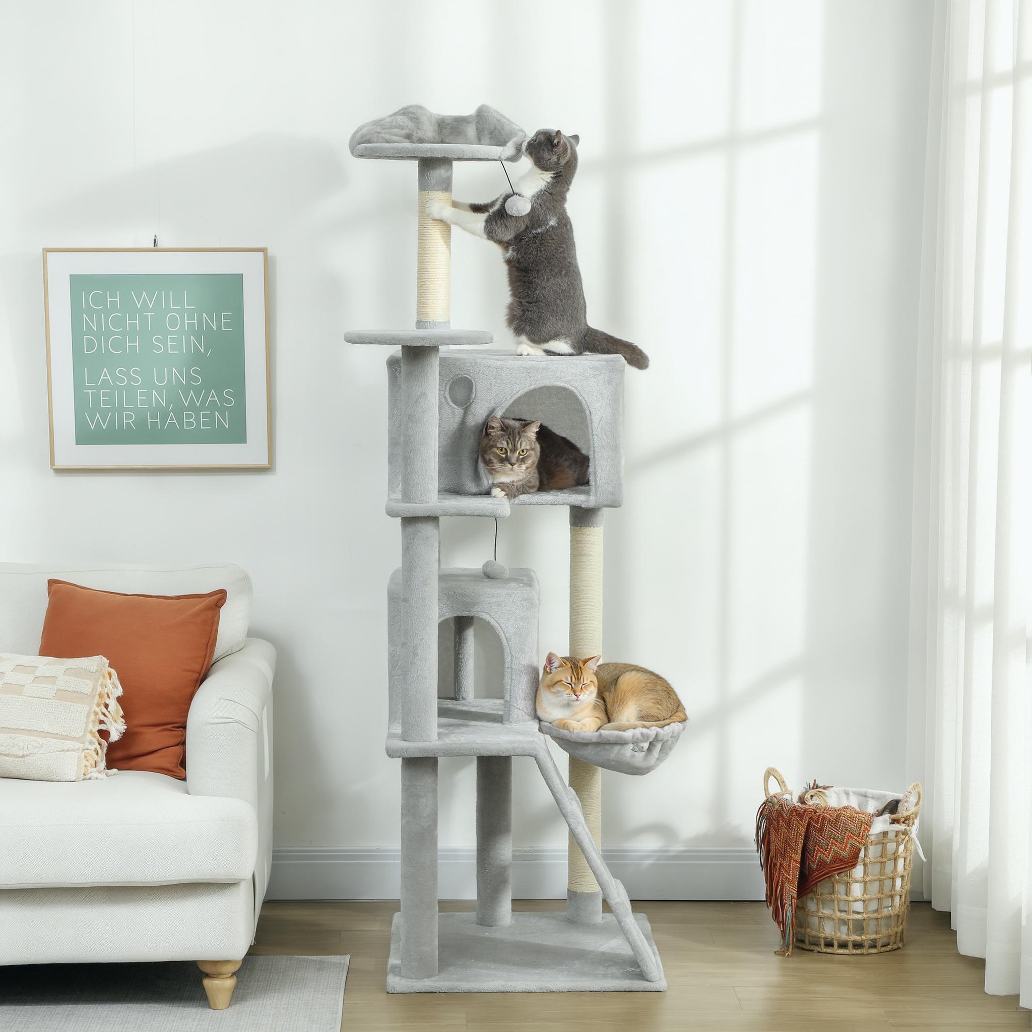 Voir la diapositive 4 : PAWHUT Arbre à chat grande taille h.180cm - niches, hamac, griffoirs, plateformes - gris clair