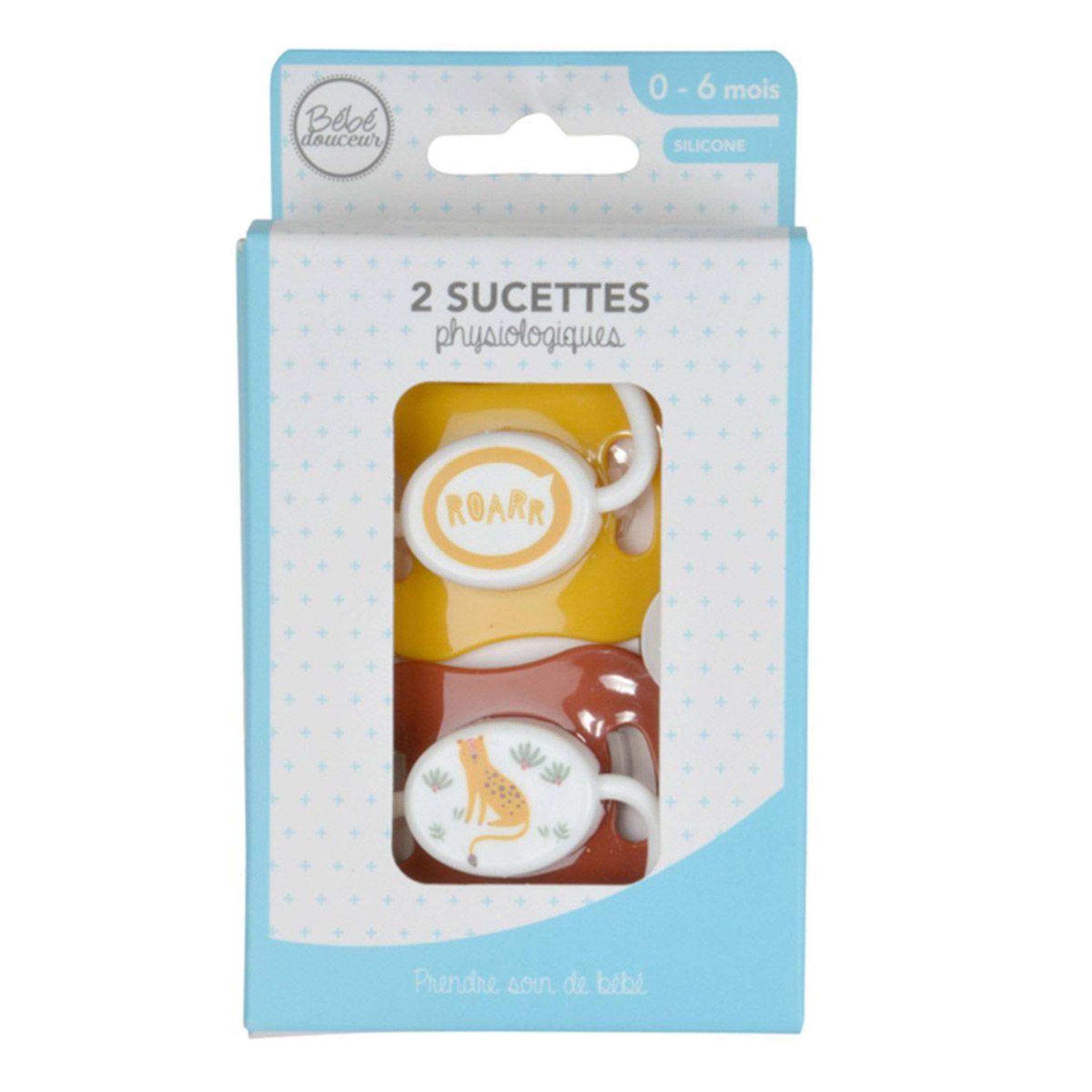 Voir la diapositive 2 : BEBE DOUCEUR Lot de 2 sucettes bébé léopard  sweet savane  0 à 6 mois jaune