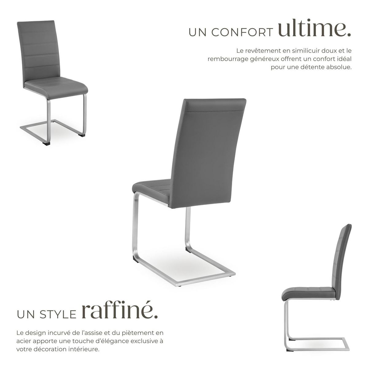 tectake Ensemble de chaises de salle à manger rembourré avec revêtement aspect cuir gris Lot de 6
