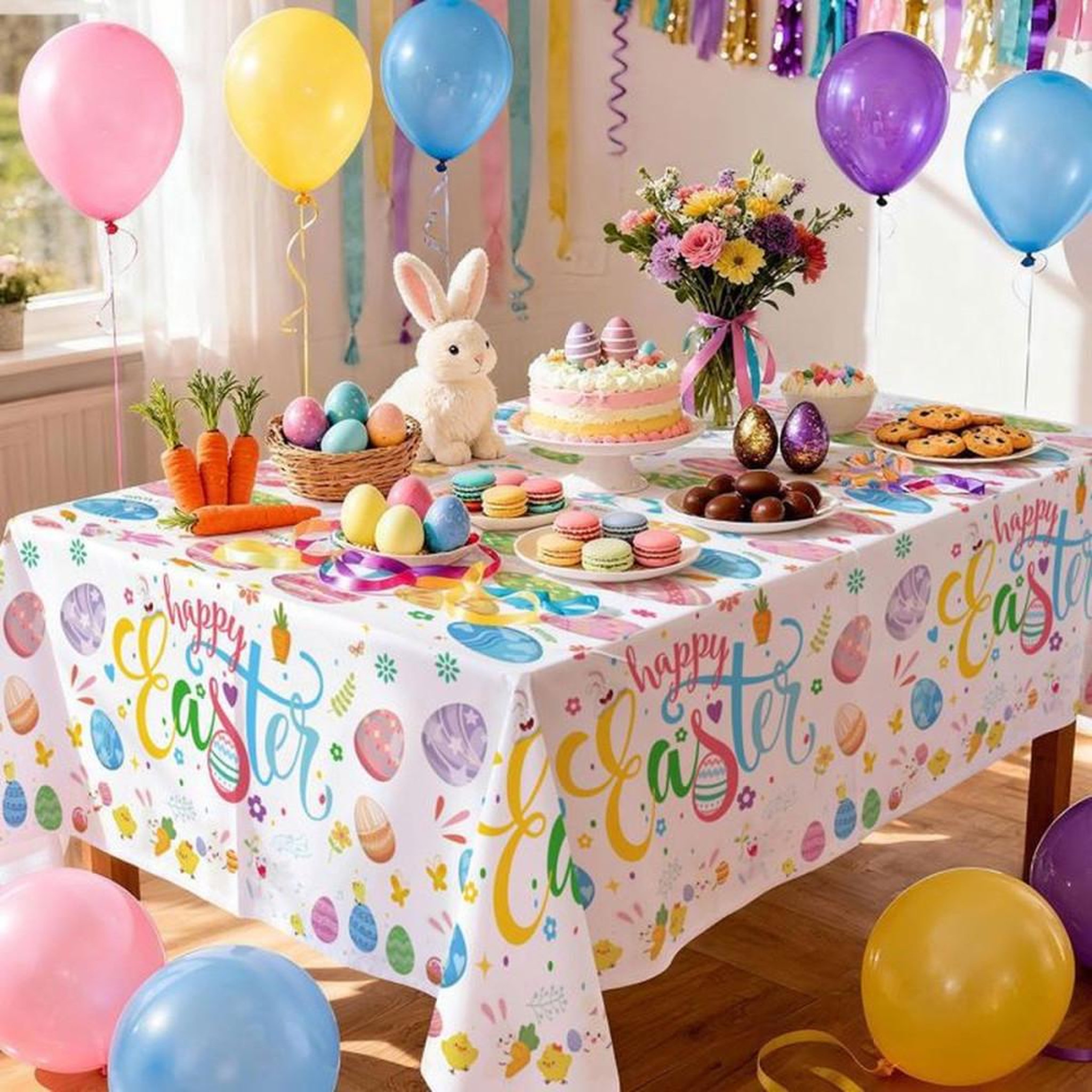 Voir la diapositive 3 : Set de nappes de Pâques 3 pièces multicolores motif lapins lavable et réutilisable