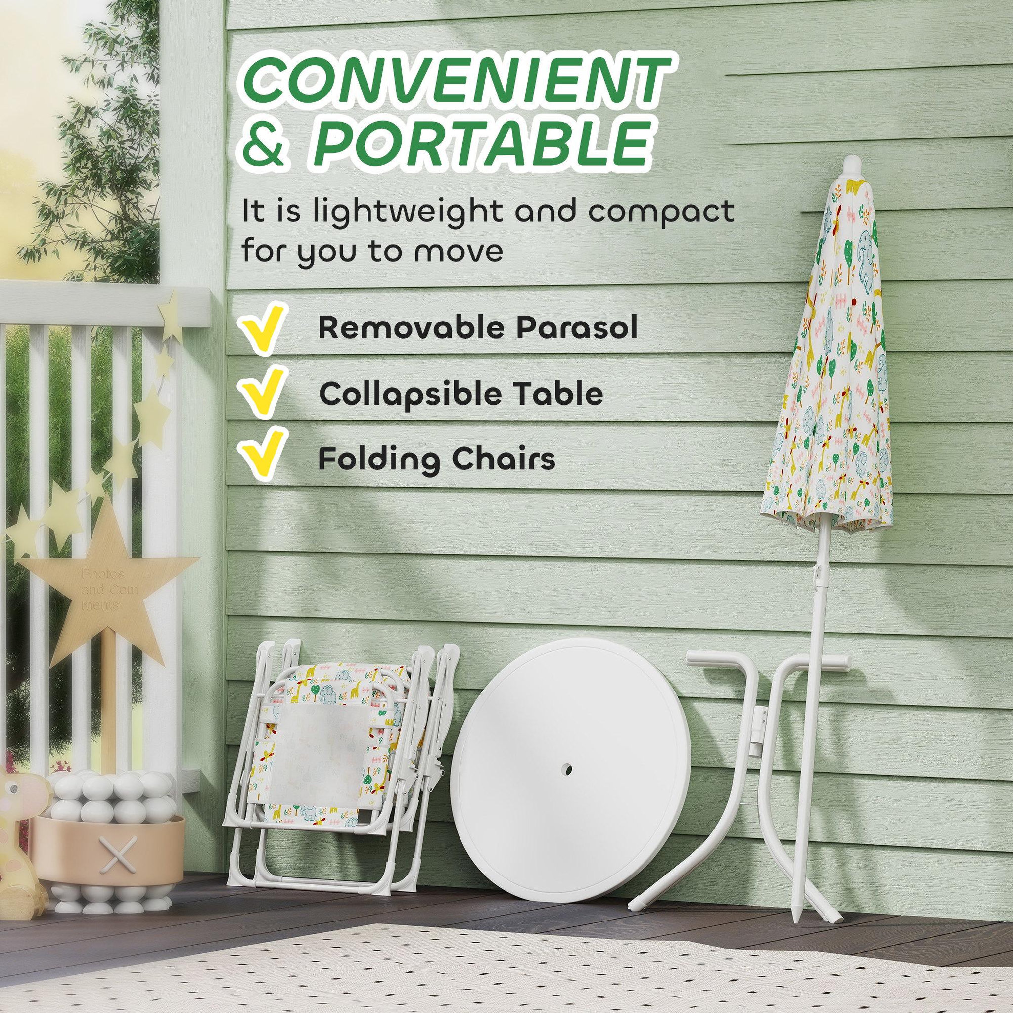 Voir la diapositive 5 : OUTSUNNY Ensemble salon de jardin enfant pliable 2 places 4 pièces motif vie de la savane blanc
