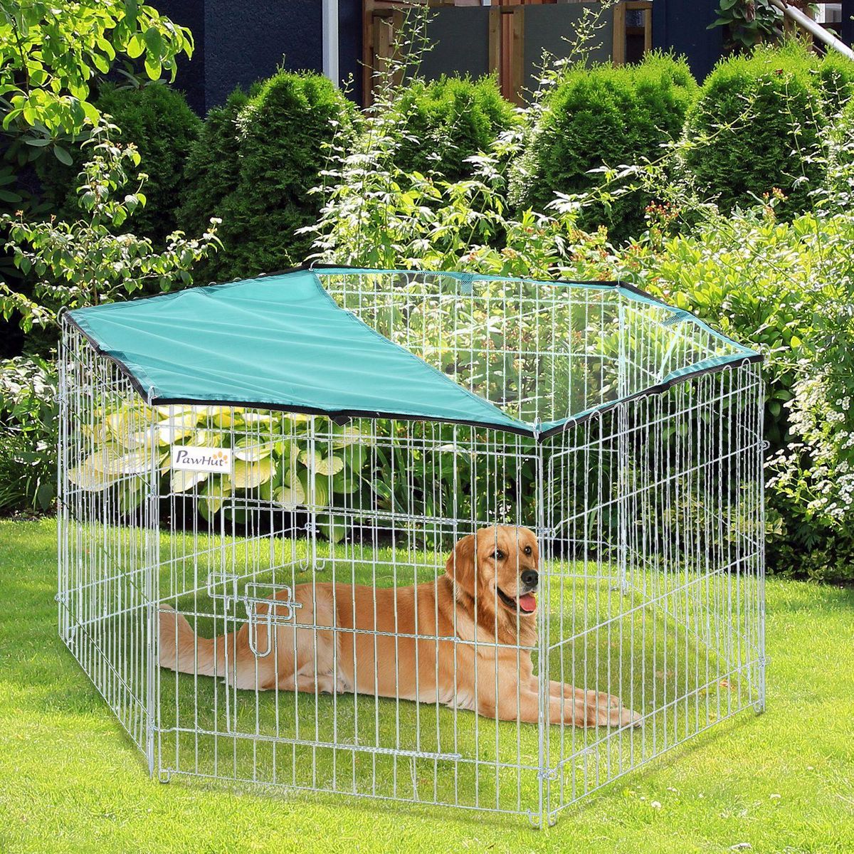 PAWHUT PawHut Parc enclos modulable Acier 6 Panneaux et 1 Porte pour Chiens Ø 120 x 60 cm Gris Métal vert