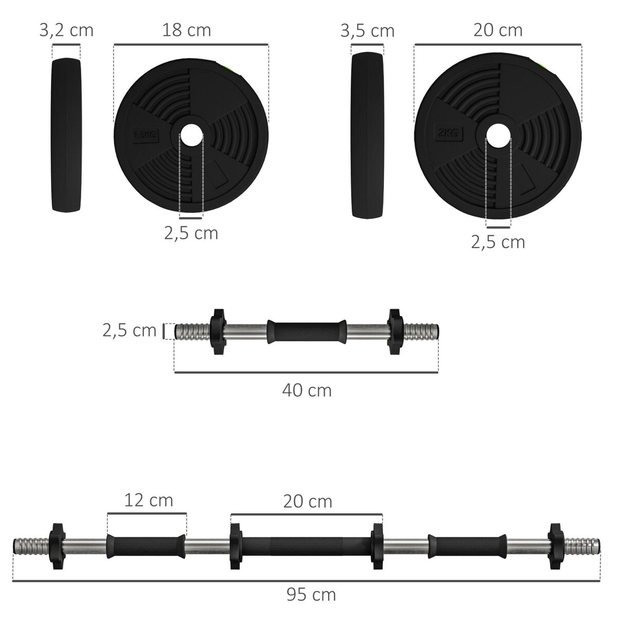 HOMCOM Haltères 2 en 1 réglables - haltères libres 15 Kg - barres incluses - entraînement musculaire & haltérophilie - noir rouge
