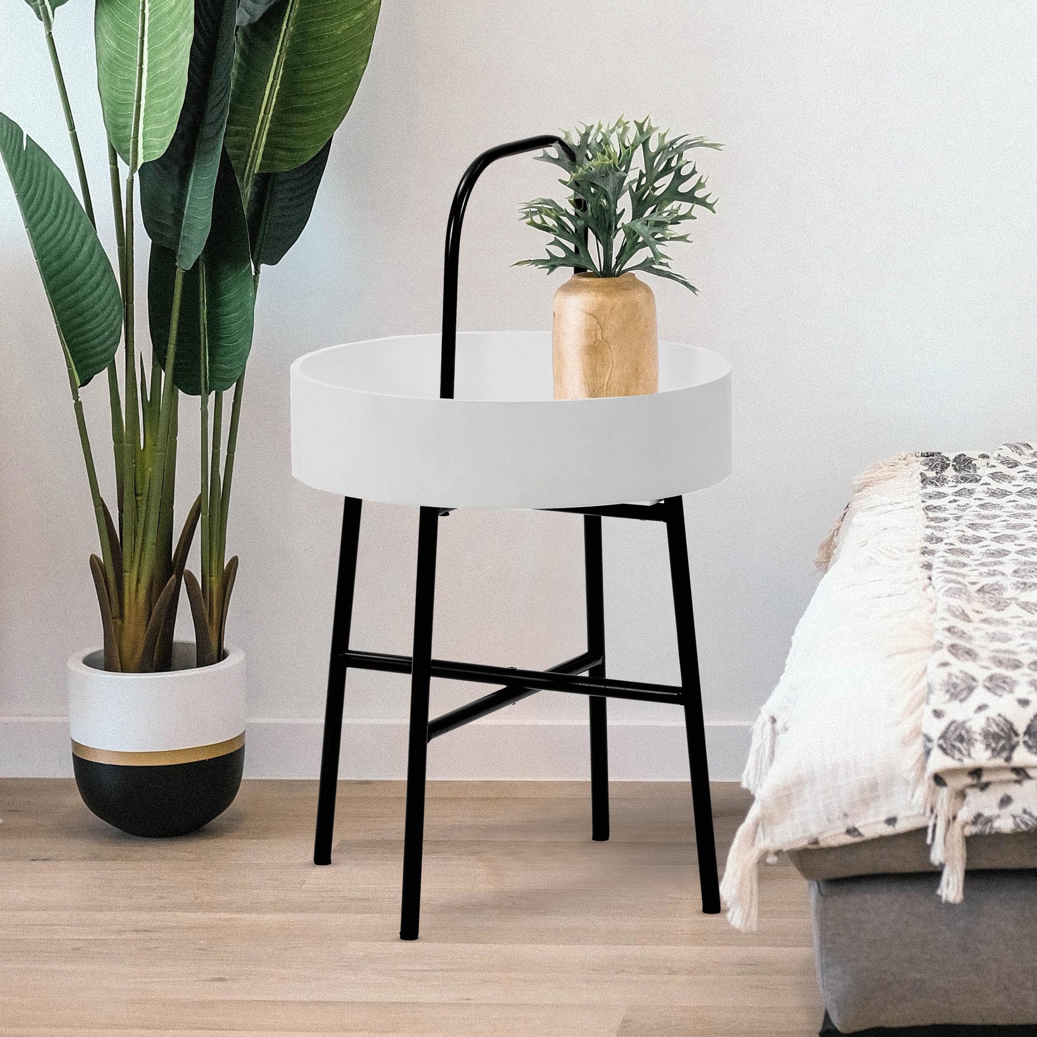Voir la diapositive 3 : VS VENTA-STOCK Table auxiliaire Jaipur avec Plateau en MDF Gris et Structure métallique en Noir Mat