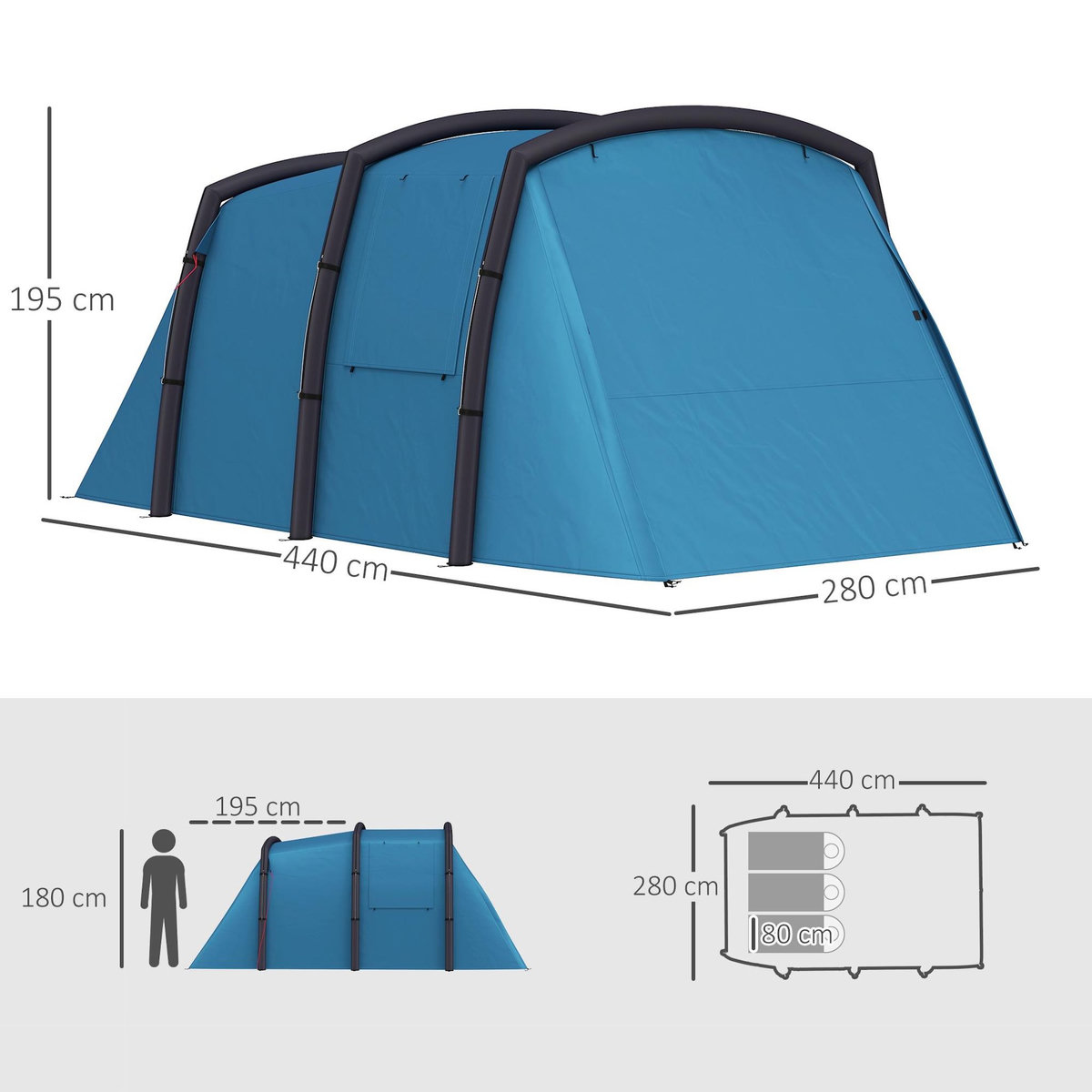 OUTSUNNY Tente de camping gonflable tunnel - 3-6 personnes - 420 x 200 x 150 cm - pompe incluse - bleu